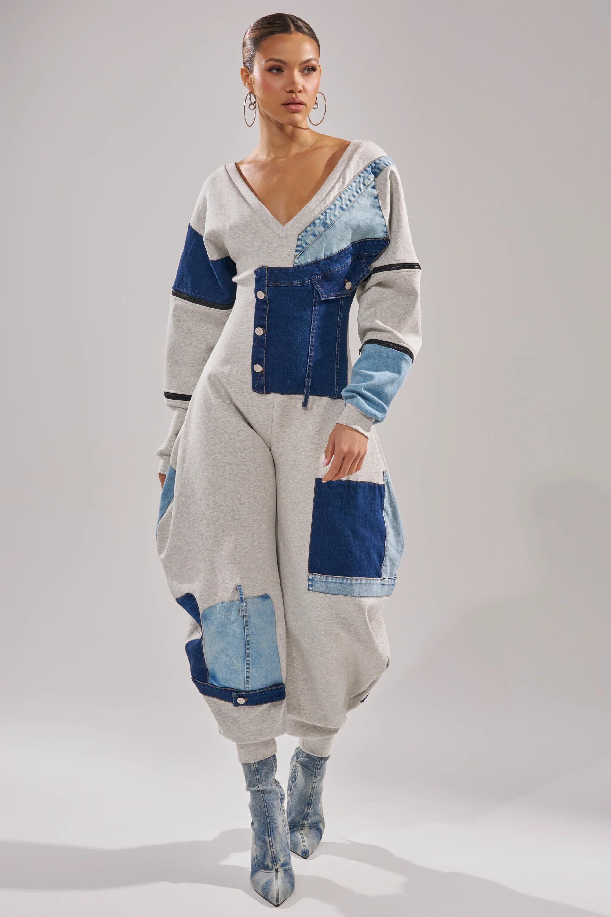COMFY COZY SWEATSHIRT JUMPSUIT IN PATCHWORK DENIM - Image 2