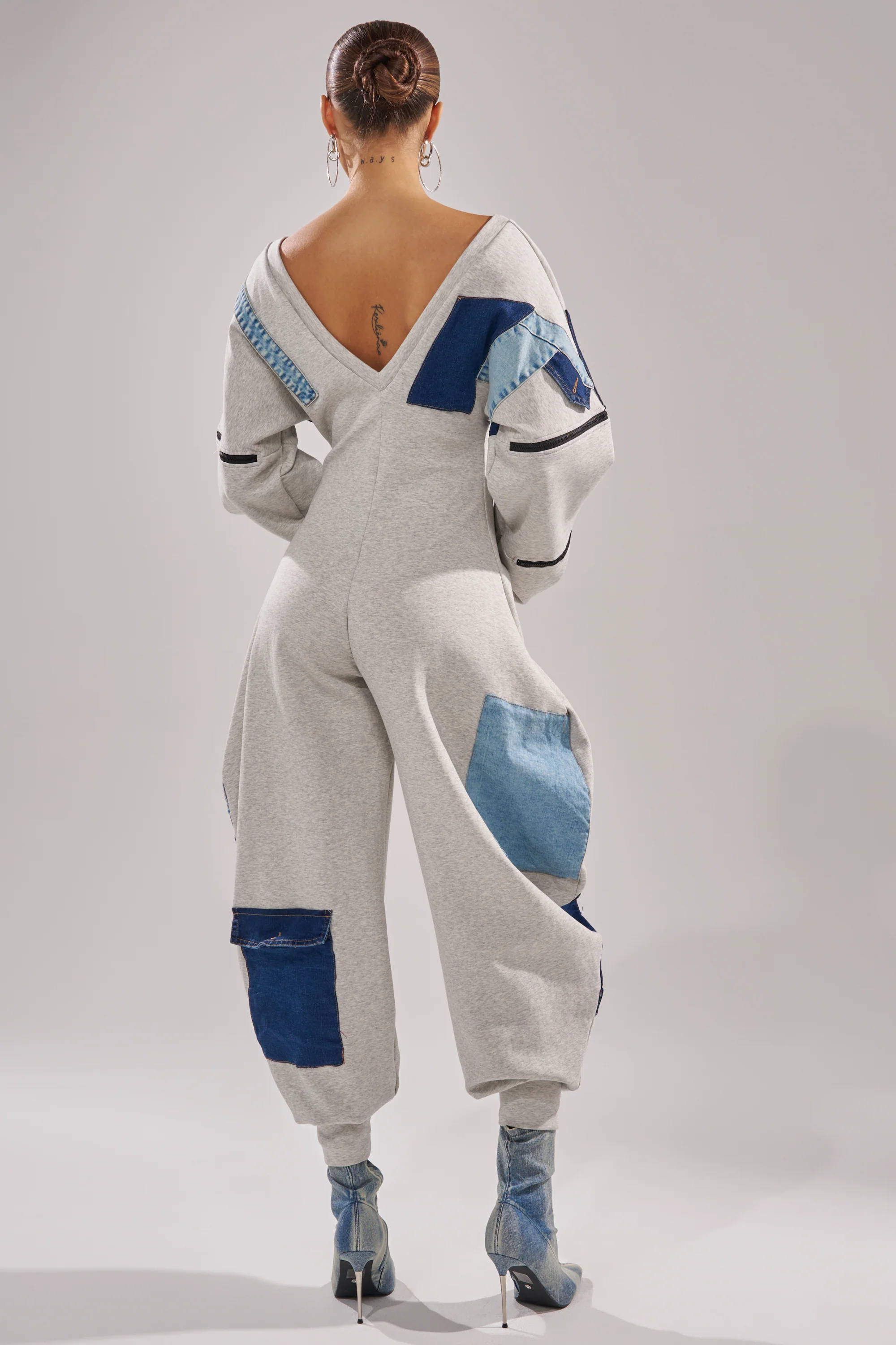 COMFY COZY SWEATSHIRT JUMPSUIT IN PATCHWORK DENIM - Image 6