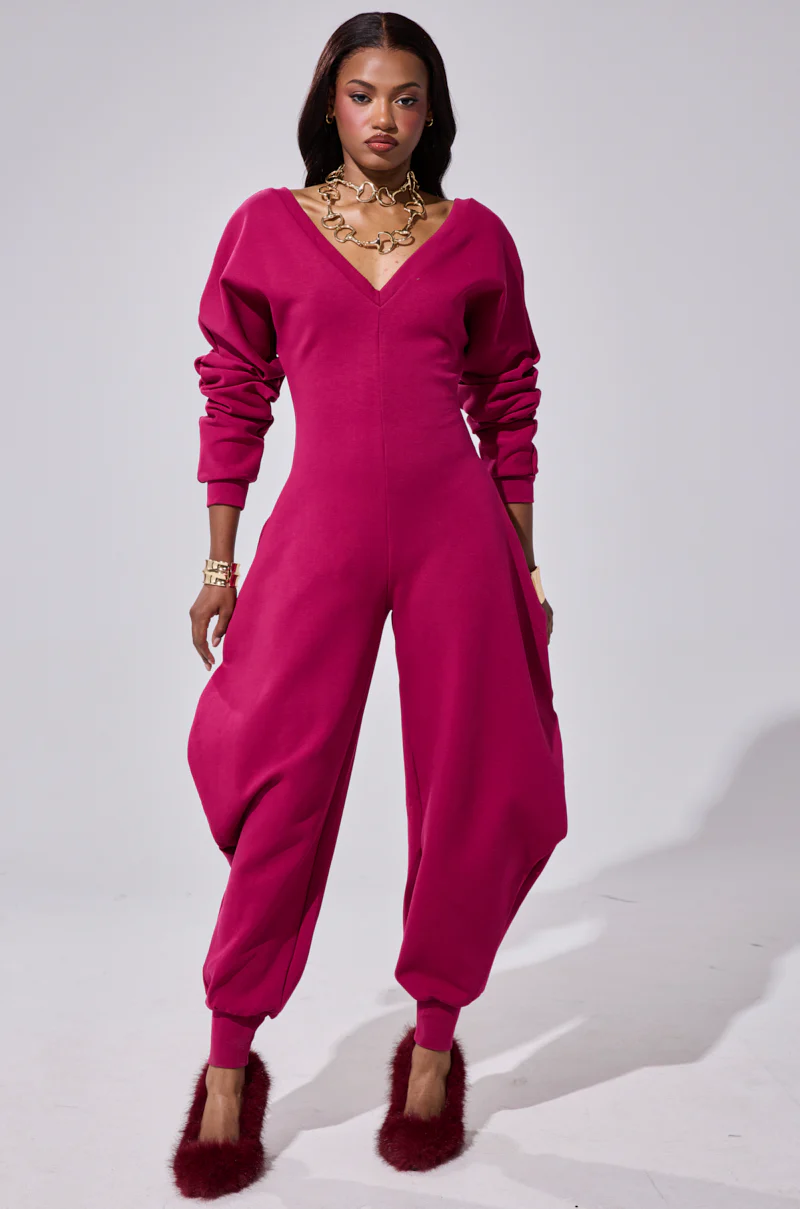 COMFY COZY SWEATSHIRT JUMPSUIT IN PLUM - Image 2