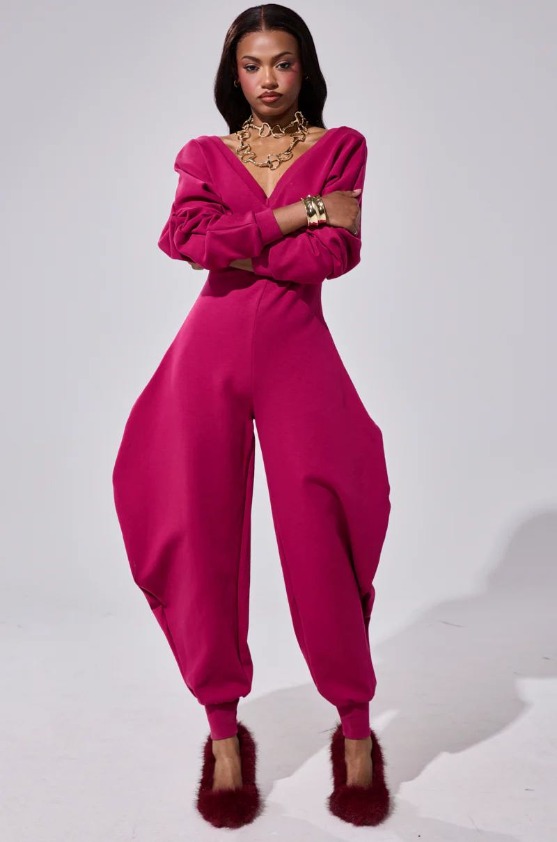 COMFY COZY SWEATSHIRT JUMPSUIT IN PLUM - Image 3
