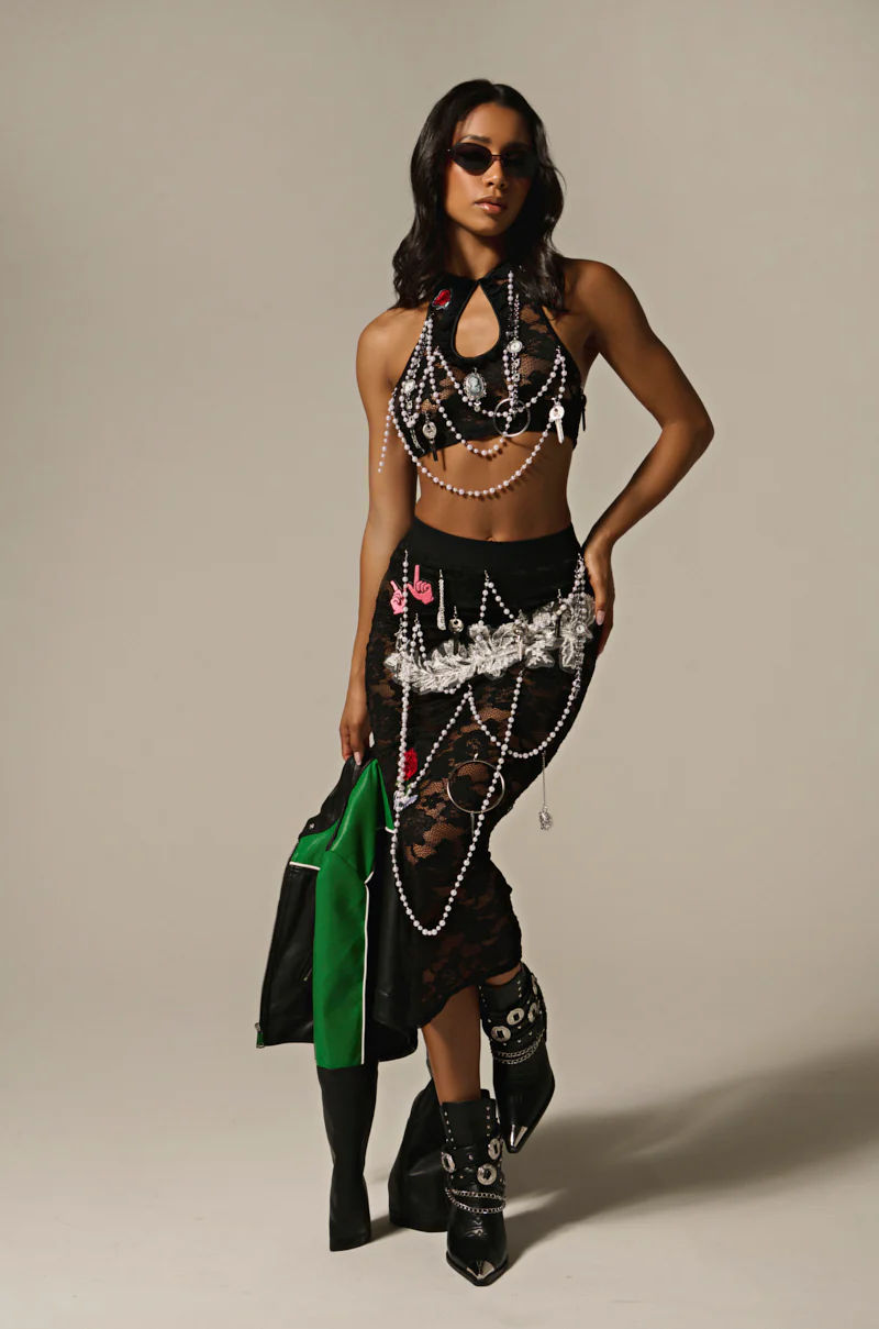 CONTROLLED CHAOS LACE MIDI SKIRT