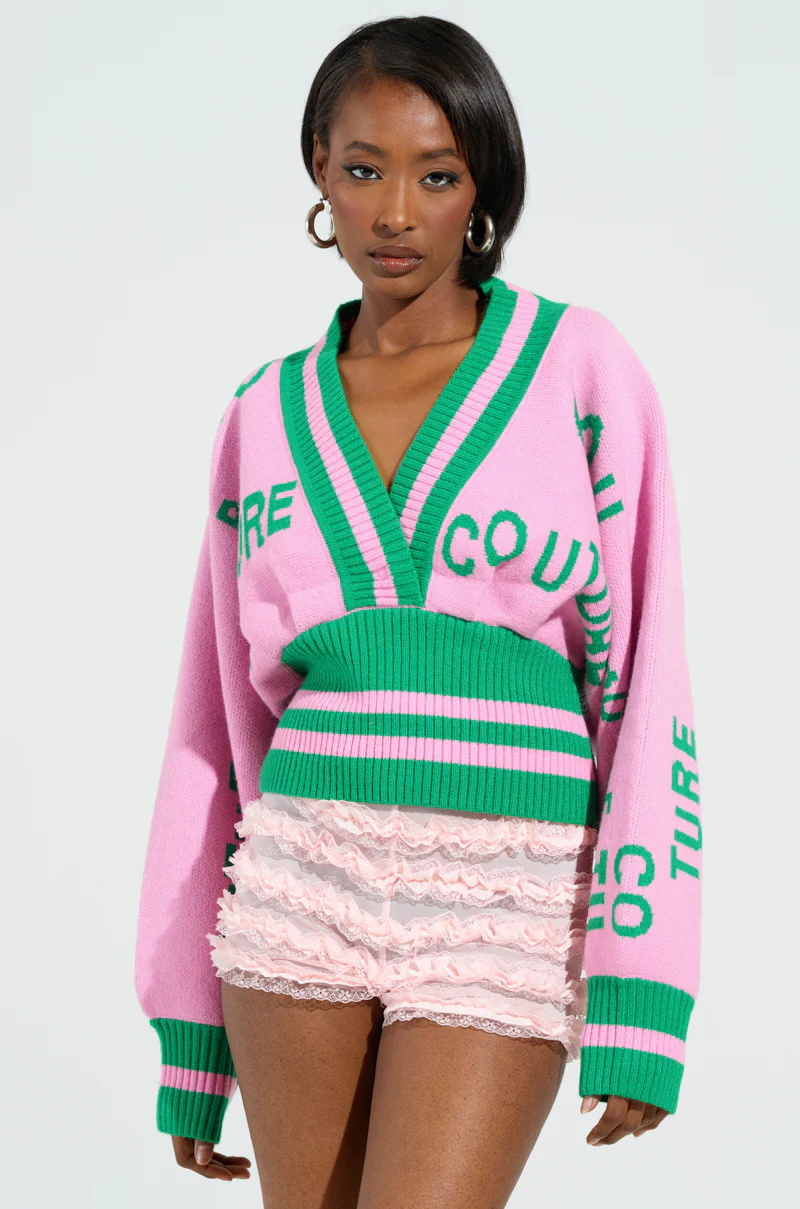COUTURE DOWN STRIPED V-NECK SWEATER - Image 2
