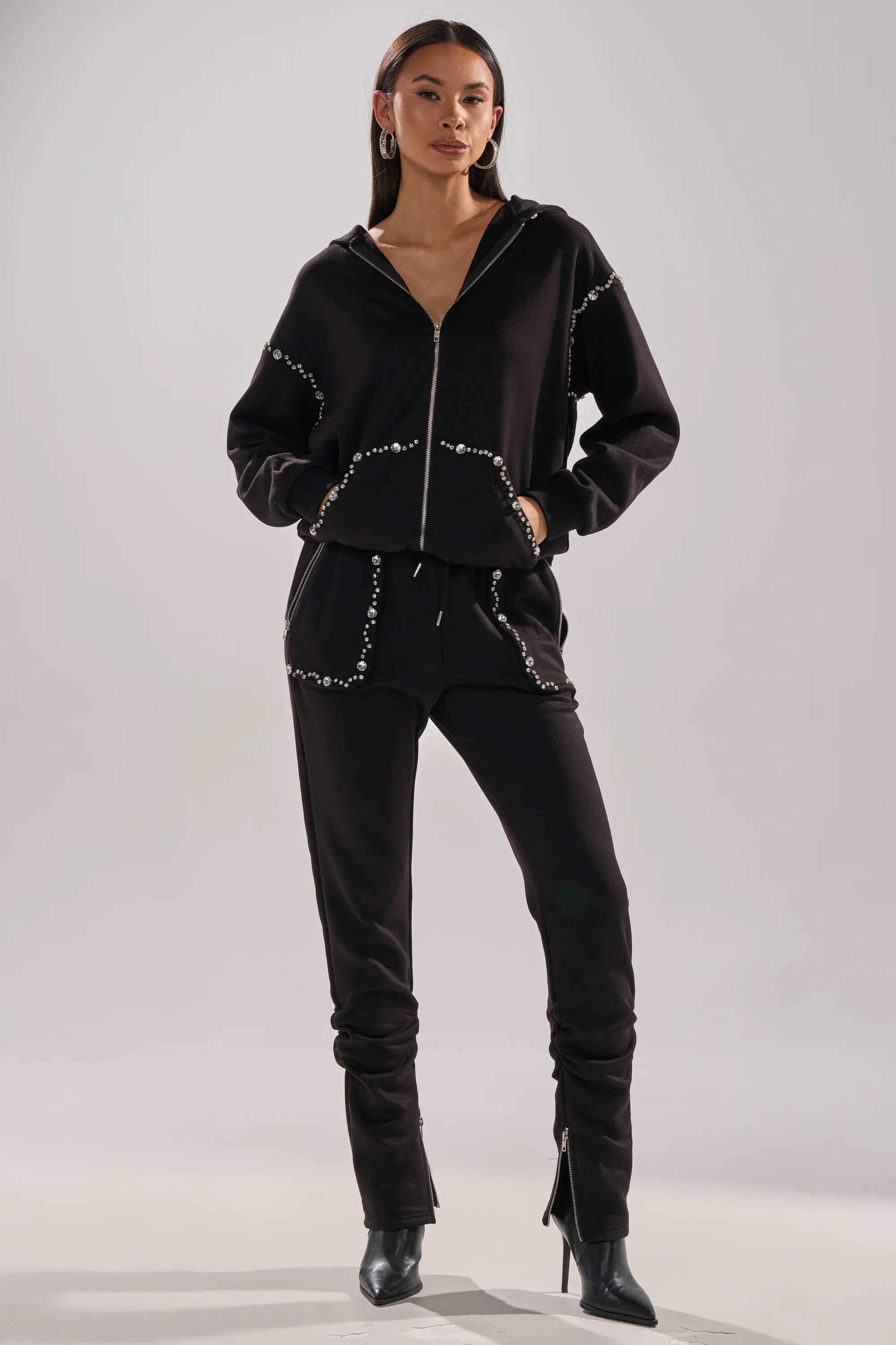 COZY HOLIDAY RHINESTONE ZIP UP SWEATSHIRT IN BLACK - Image 14