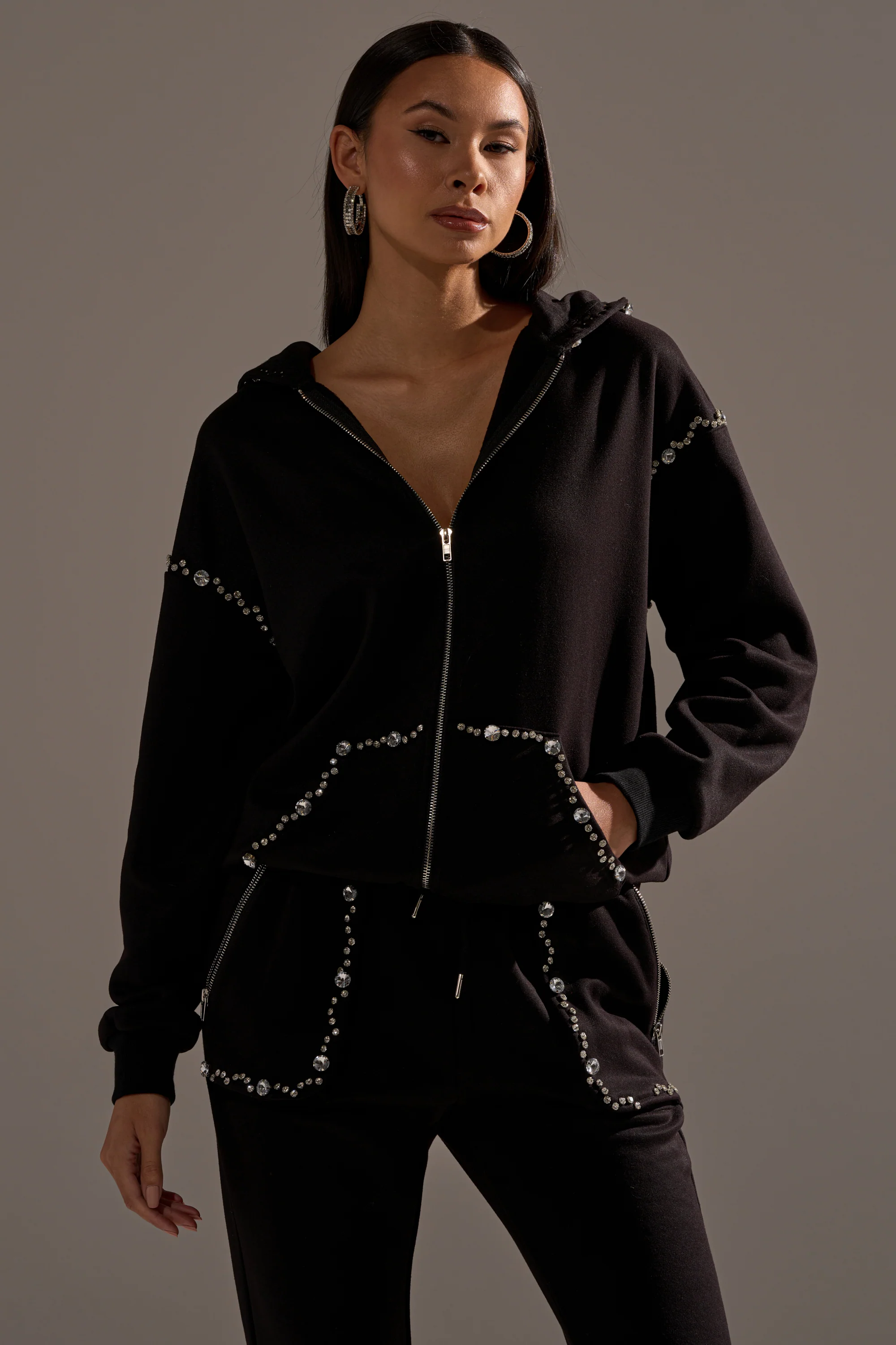 COZY HOLIDAY RHINESTONE ZIP UP SWEATSHIRT IN BLACK - Image 2