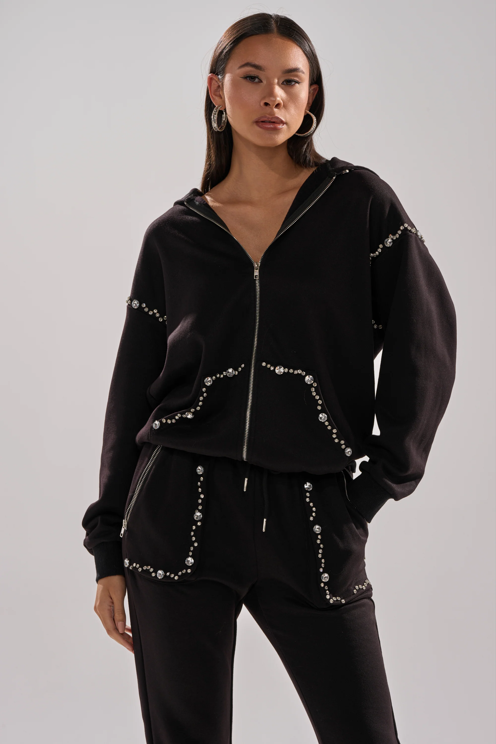COZY HOLIDAY RHINESTONE ZIP UP SWEATSHIRT IN BLACK - Image 21