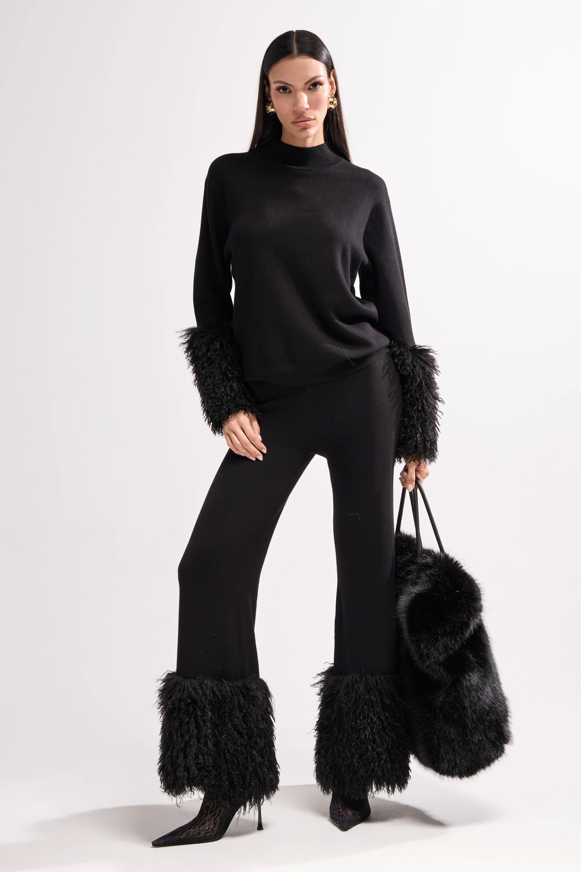 COZY VIBES SWEATER PANT WITH FUR CUFF IN BLACK - Image 2