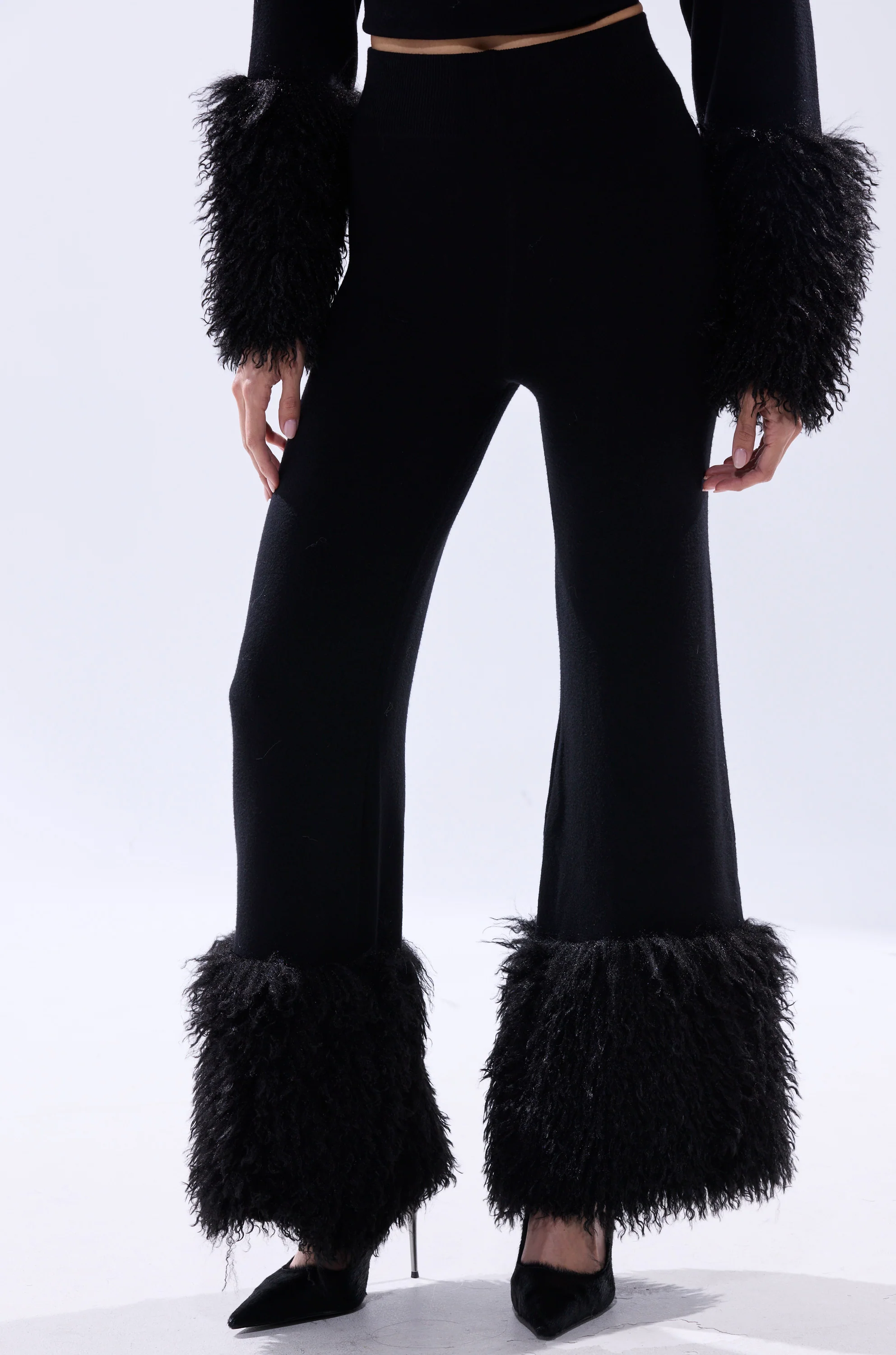 COZY VIBES SWEATER PANT WITH FUR CUFF IN BLACK - Image 4