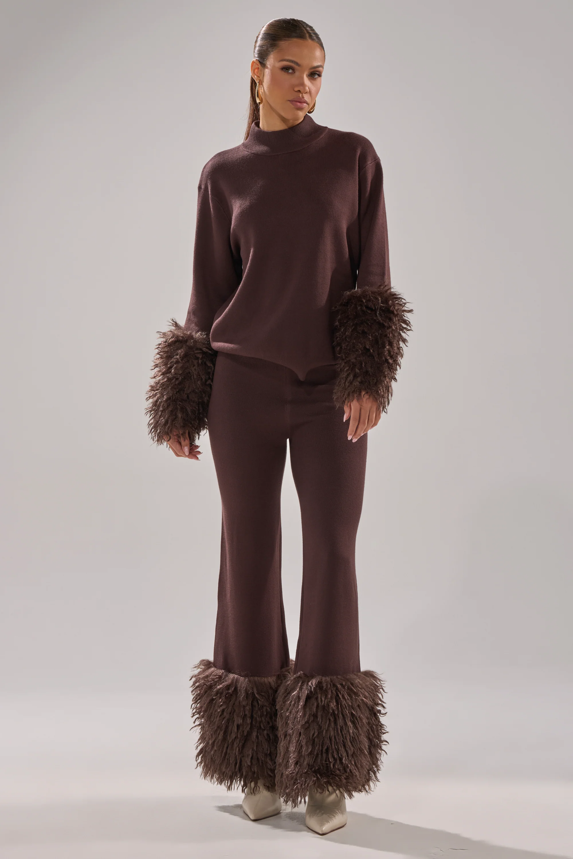 COZY VIBES SWEATER PANT WITH FUR CUFF IN BROWN - Image 6