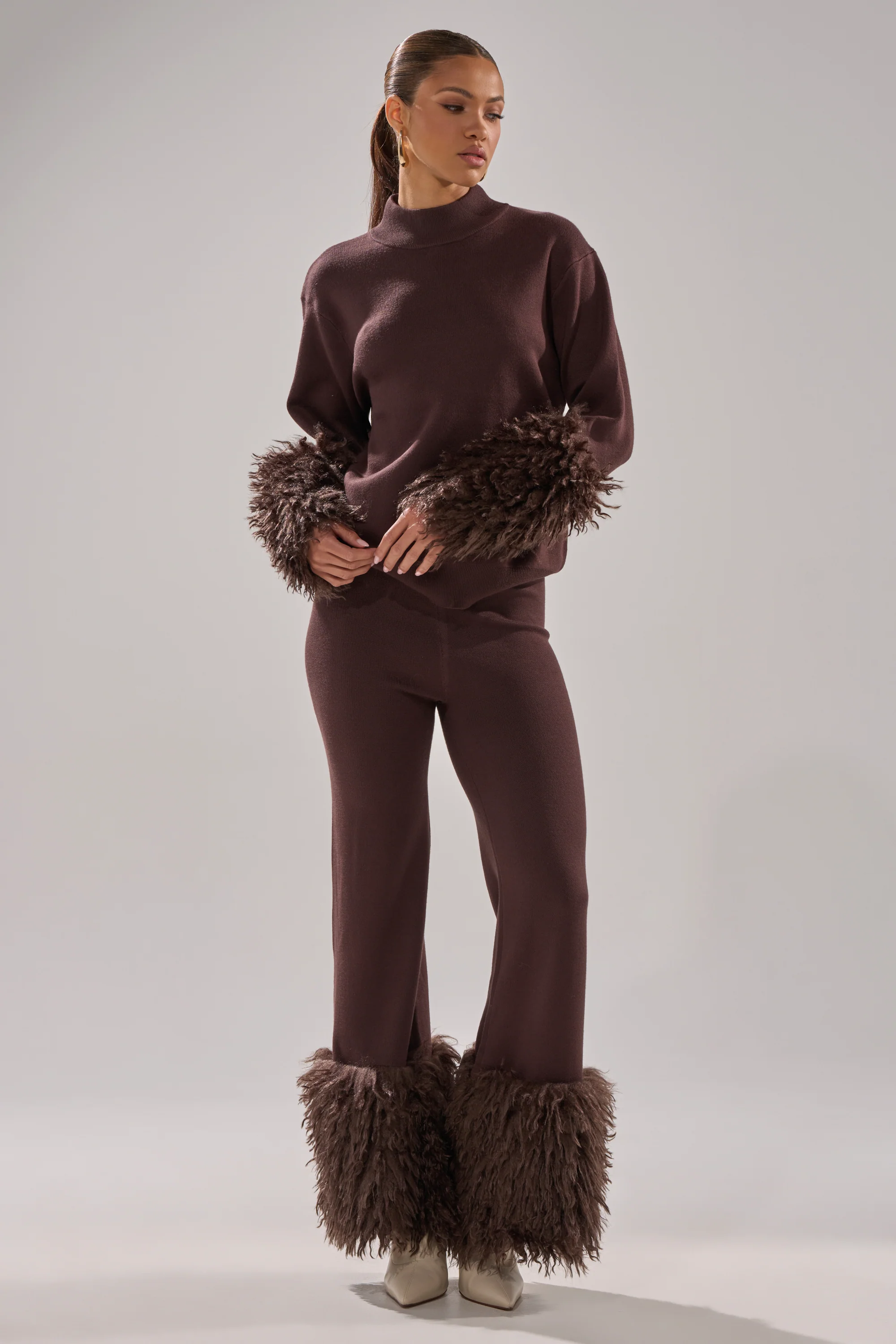 COZY VIBES SWEATER WITH FUR CUFF IN BROWN - Image 7
