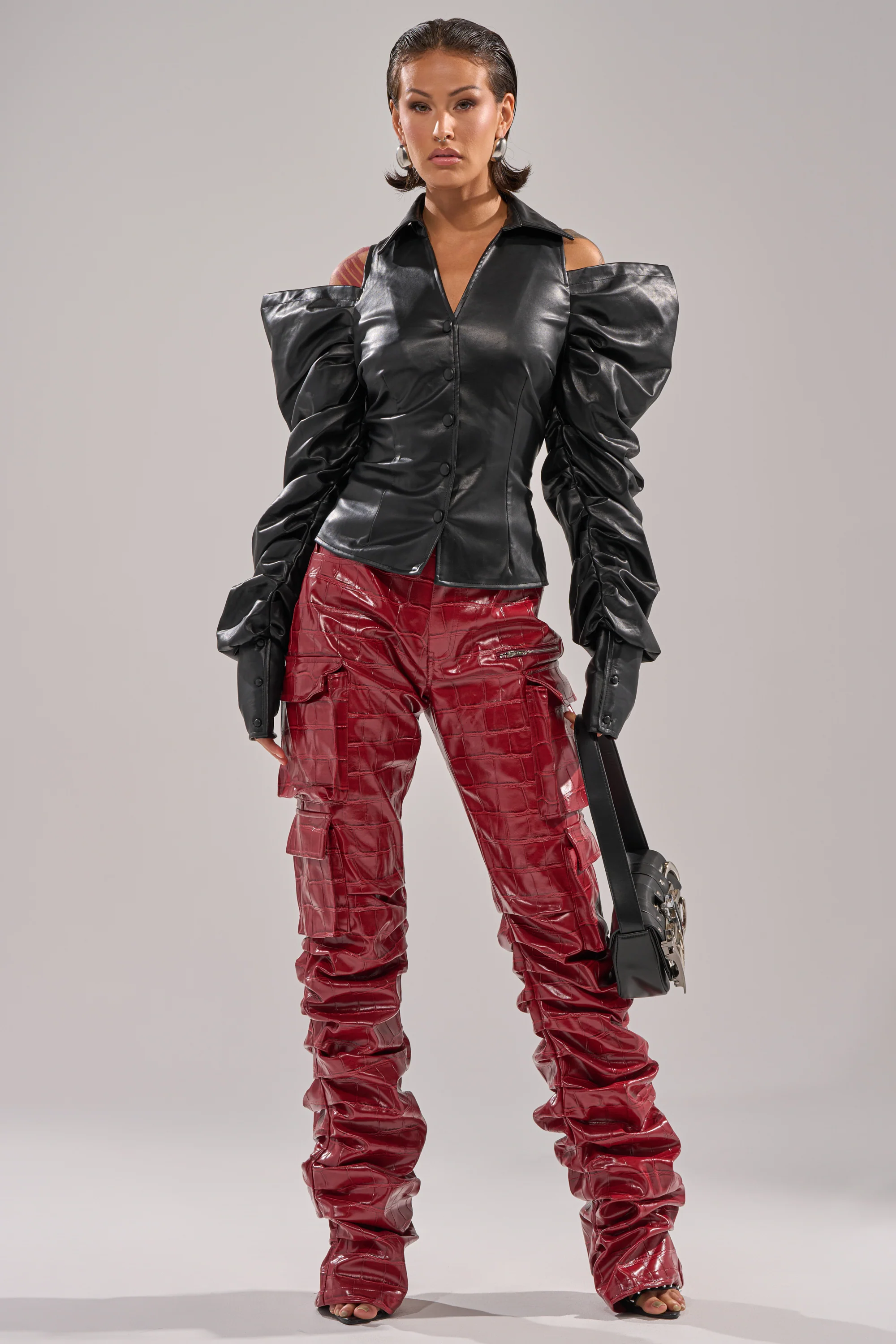 CRAZY IN LOVE BLACK FAUX LEATHER BUTTON DOWN BLOUSE - Image 6