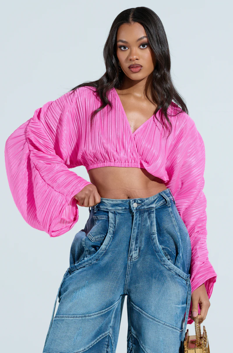 CROPPED PLISSE RUCHED SLEEVE BLOUSE - Image 3