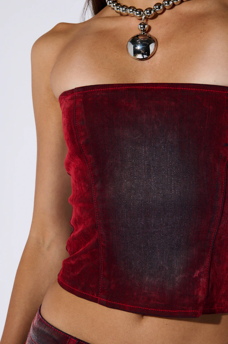 CRYSTAL VELVET DENIM CORSET IN RED - Image 4