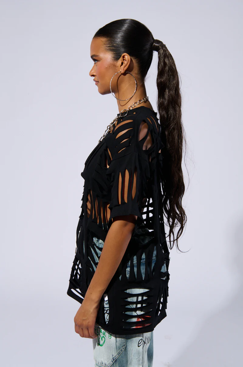 CUT HIM OFF SHORT SLEEVE DISTRESSED T-SHIRT IN BLACK - Image 3