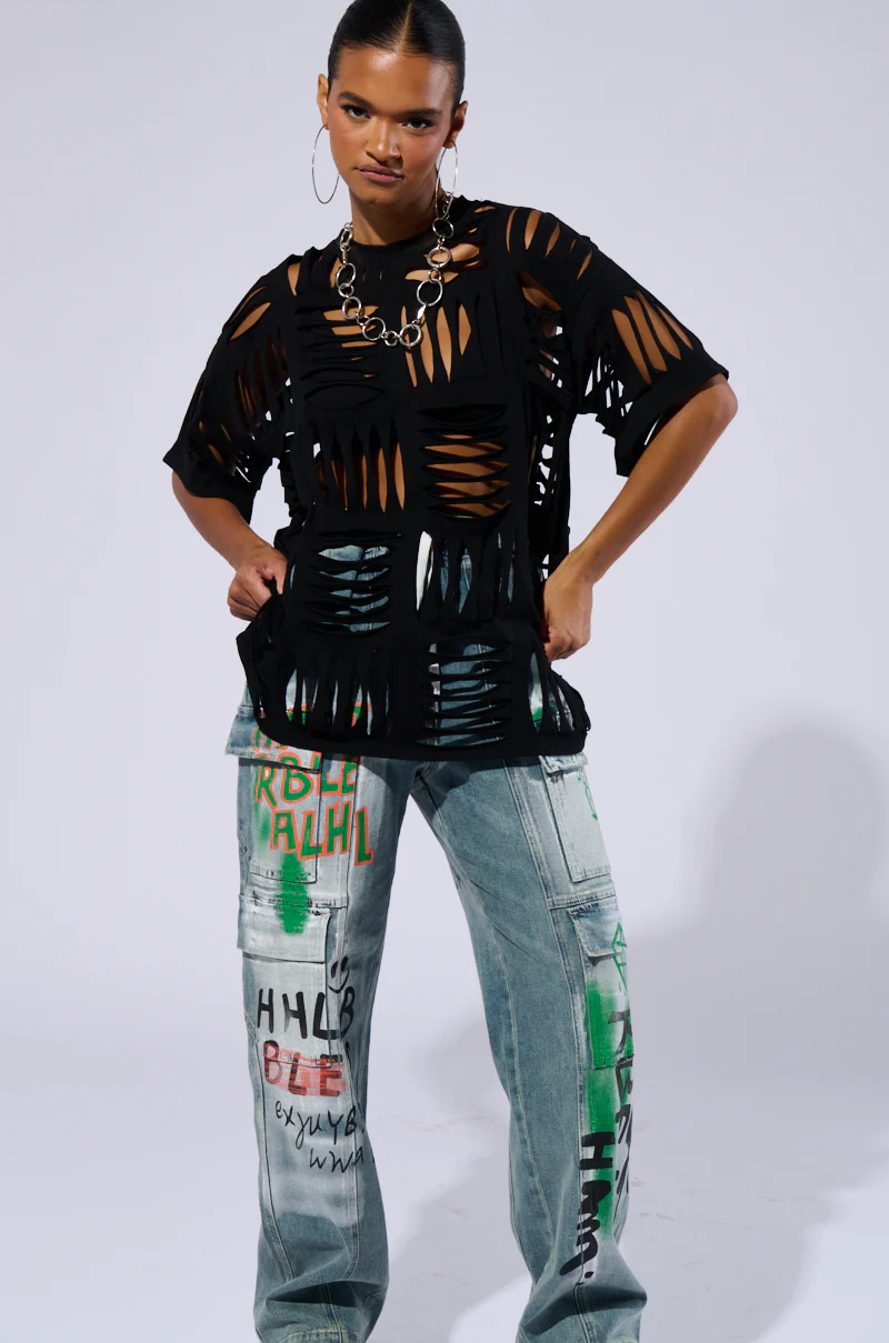 CUT HIM OFF SHORT SLEEVE DISTRESSED T-SHIRT IN BLACK - Image 5