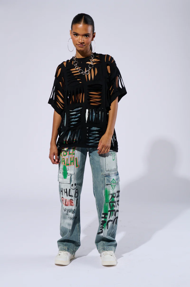 CUT HIM OFF SHORT SLEEVE DISTRESSED T-SHIRT IN BLACK - Image 6