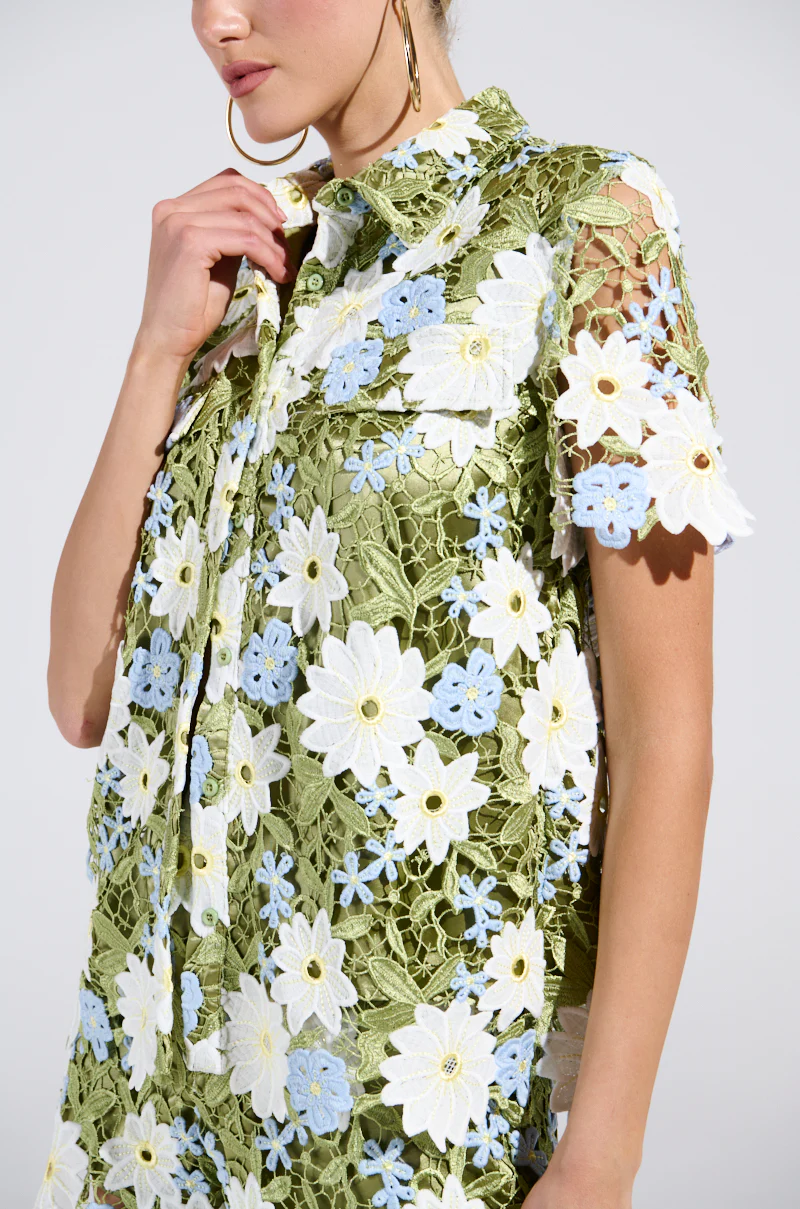 DAISY CROCHET SHORT SLEEVE BUTTON UP SHIRT - Image 8