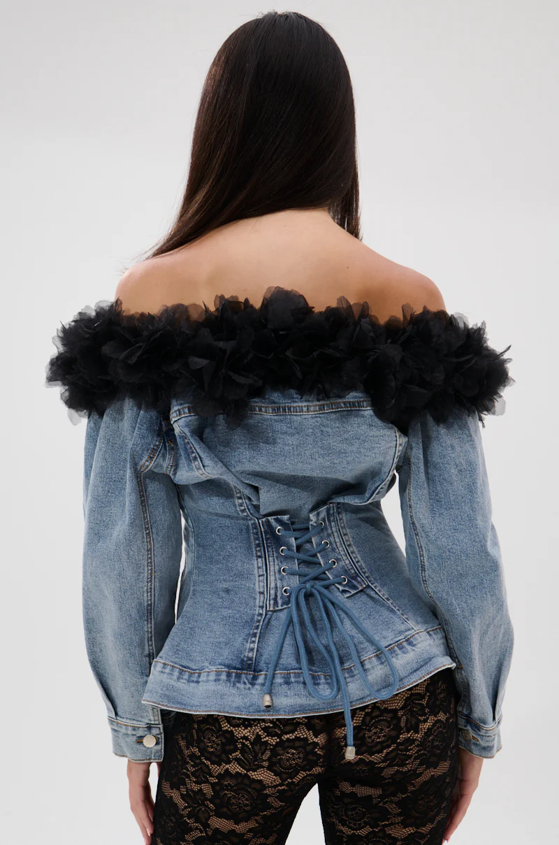 DANA OFF THE SHOULDER RUFFLE DETAIL DENIM TOP - Image 4