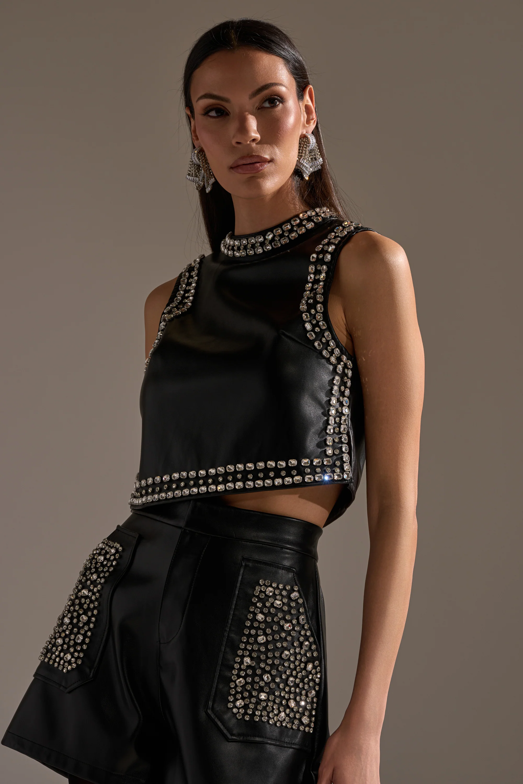 DANCE THE NIGHT AWAY FAUX LEATHER RHINESTONE BLOUSE - Image 3