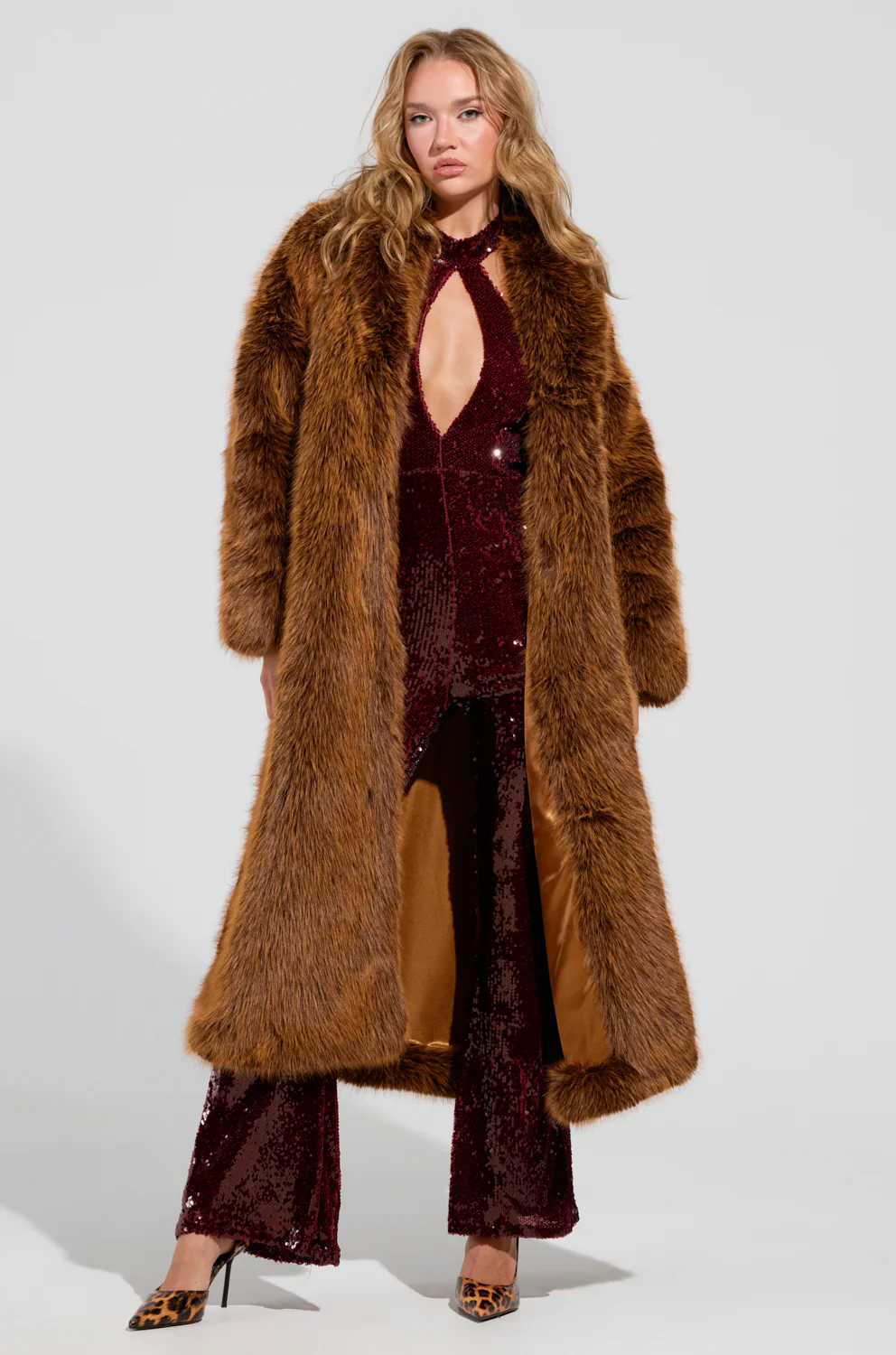 DAYANNE FAUX FUR TRENCH IN BROWN - Image 3