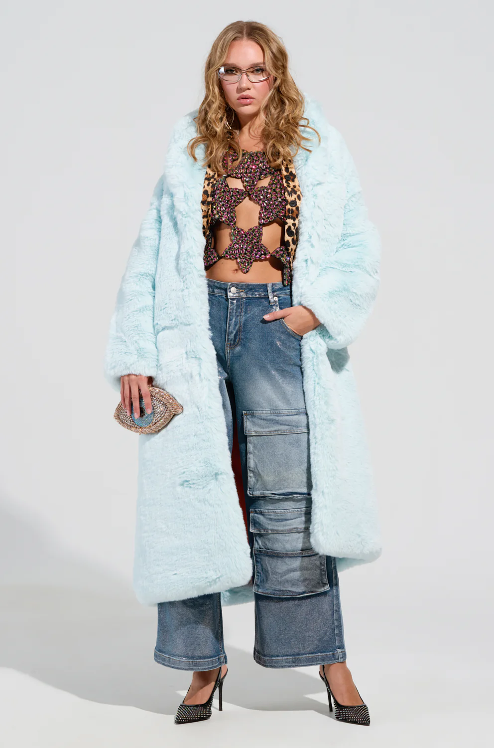 DAYANNE FAUX FUR TRENCH IN LIGHT BLUE - Image 3
