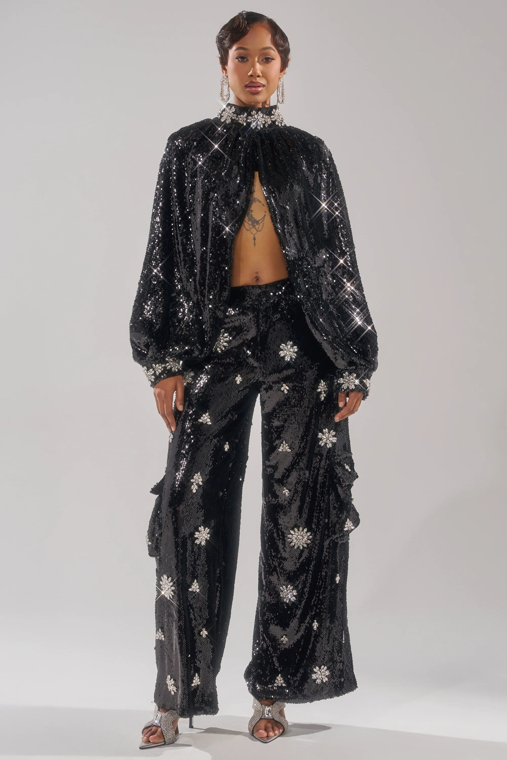 DAZZLING HOLIDAY SEQUIN WIDE LEG CARGO PANT