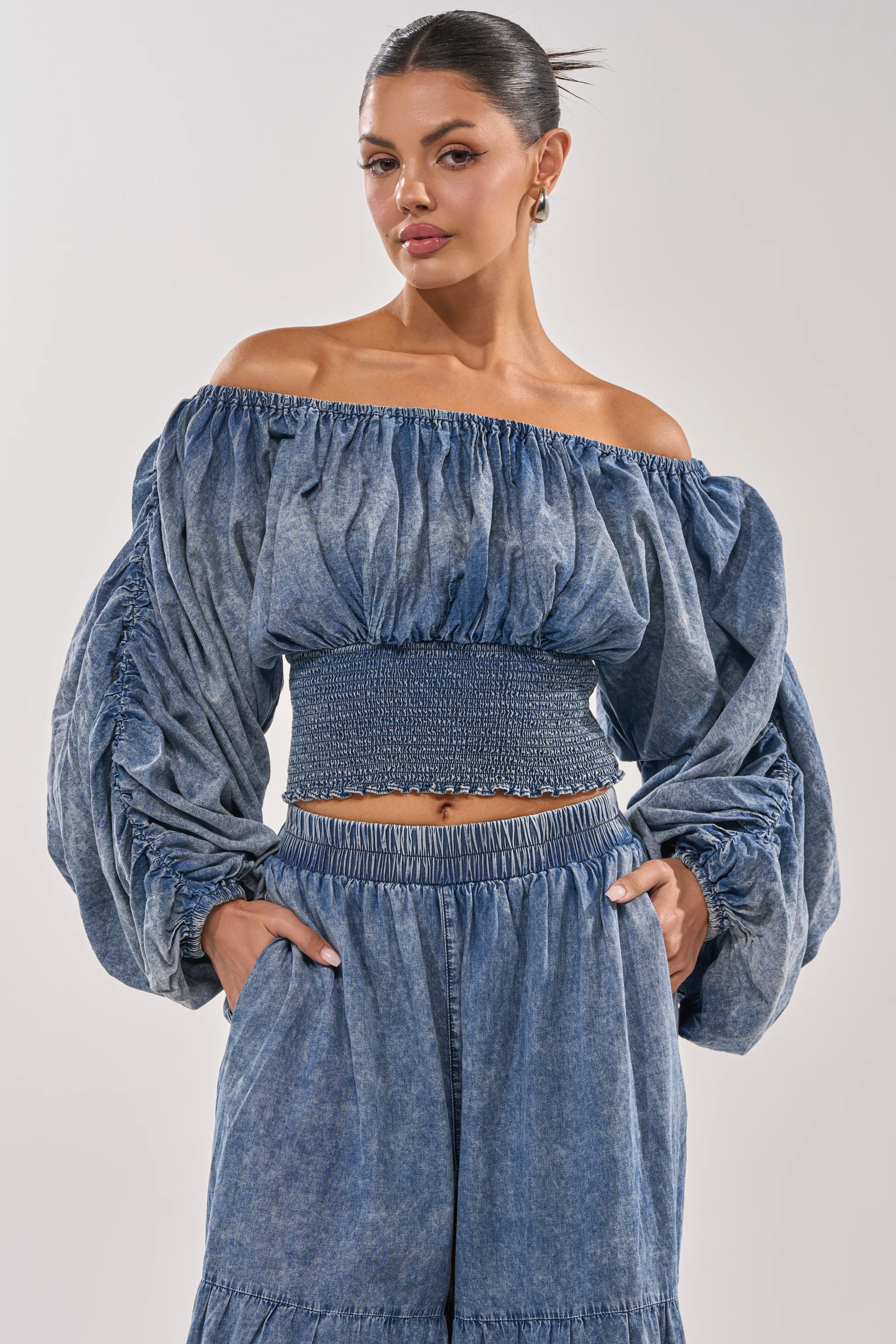DENIM FOR DAYS OFF THE SHOULDER TOP