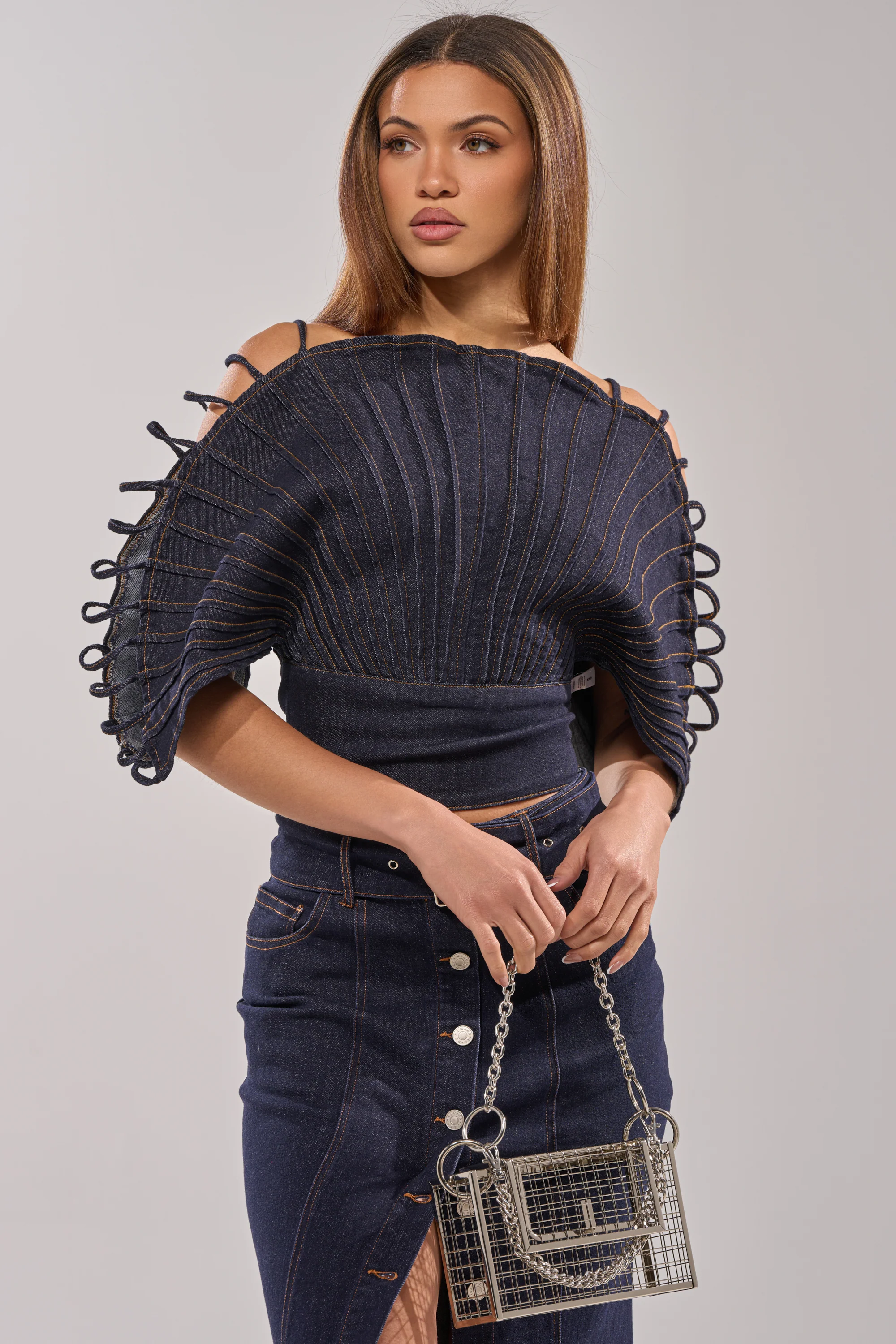 DENIM ON DENIM BLOUSE IN DARK BLUE DENIM