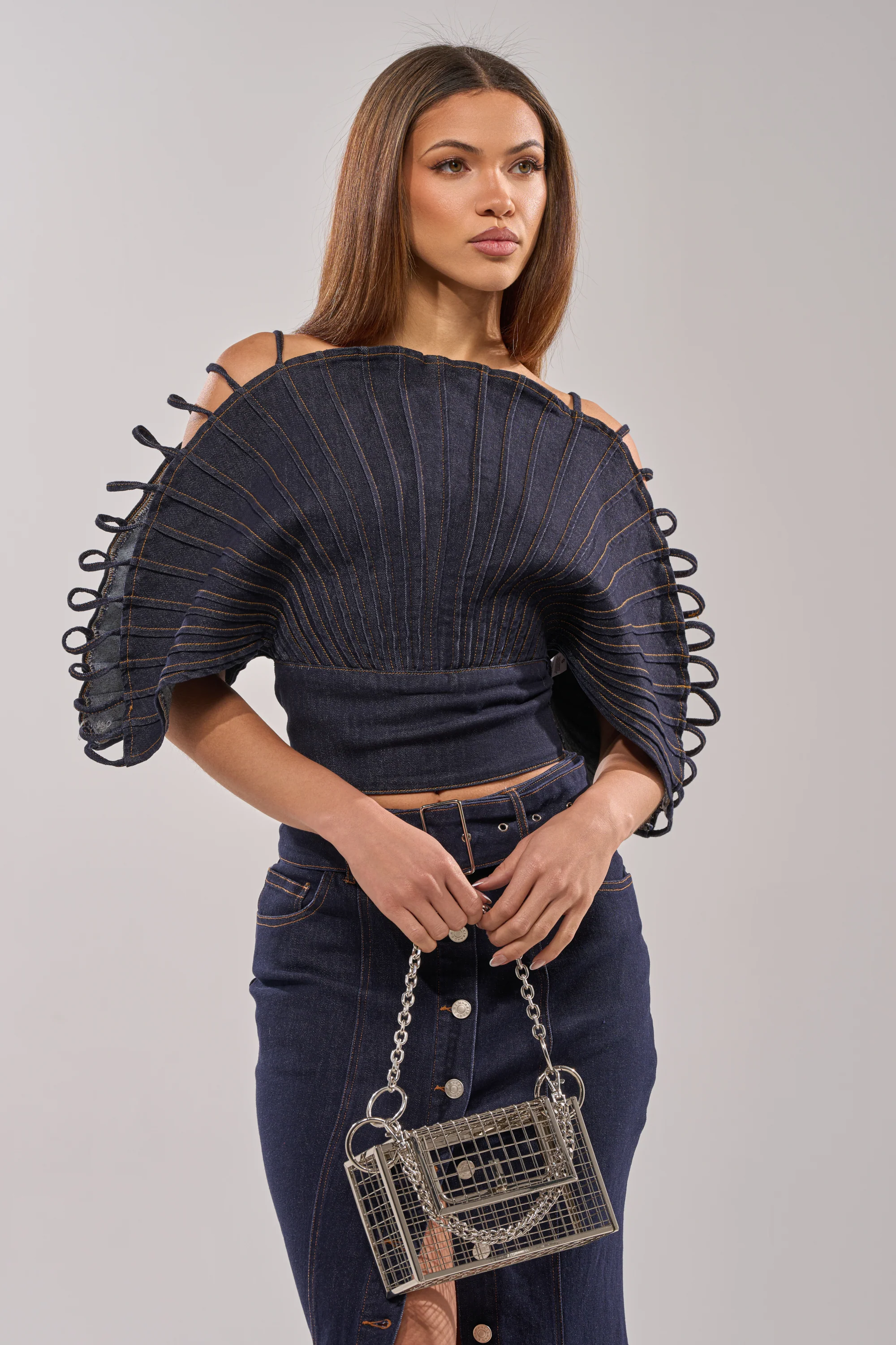 DENIM ON DENIM BLOUSE IN DARK BLUE DENIM - Image 3