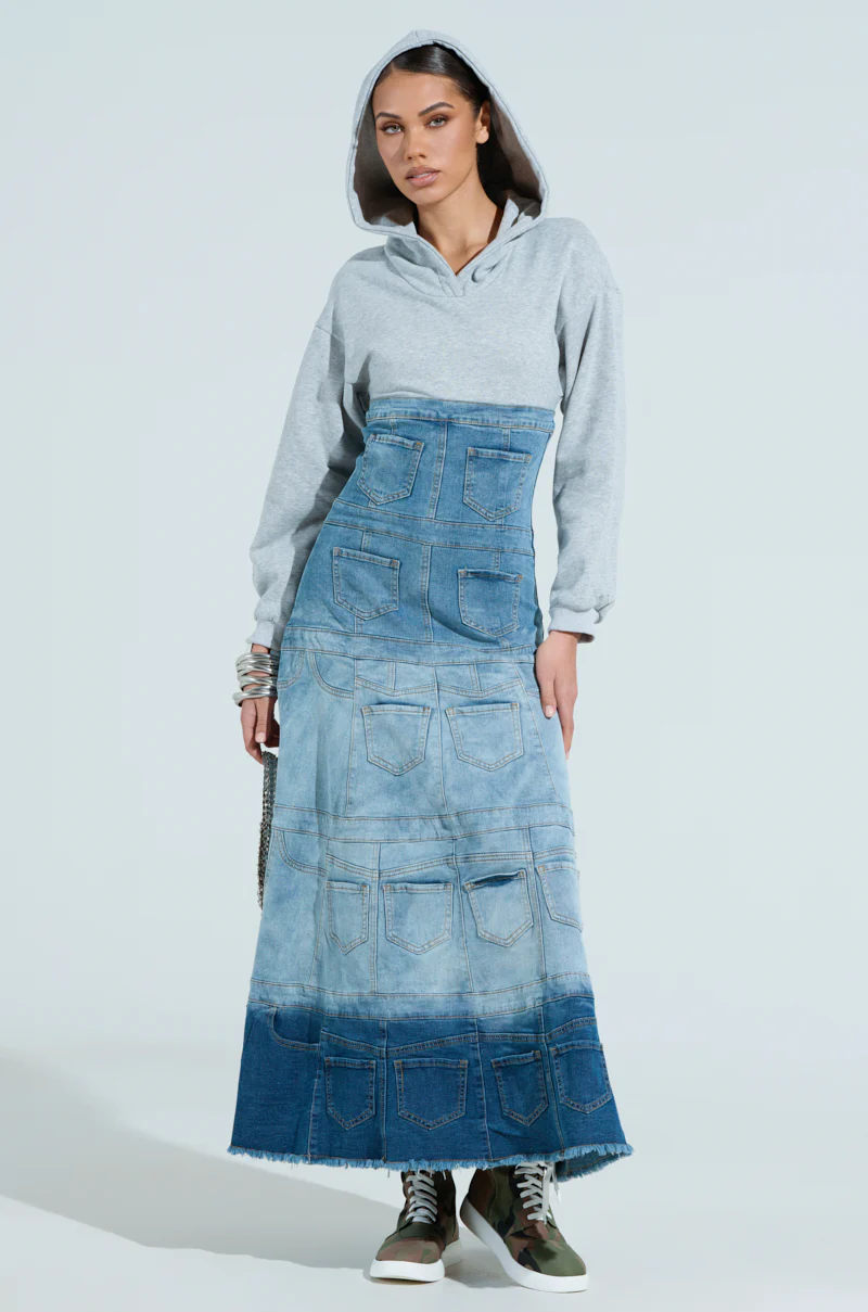 DENIM ON DENIM LAYERED MAXI DRESS WITH HOOD - Image 2