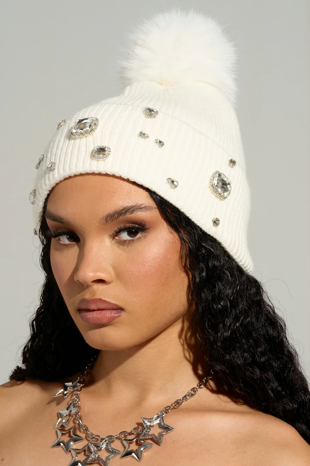 DIAMOND HOUR EMBELLISHED BEANIE IN WHITE - Image 2