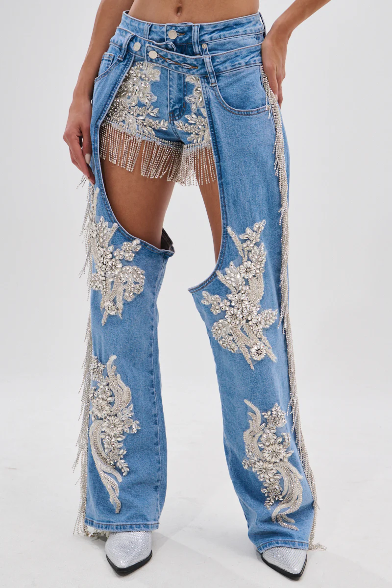 DIVALICIOUS DENIM CHAPS IN LIGHT BLUE - Image 3