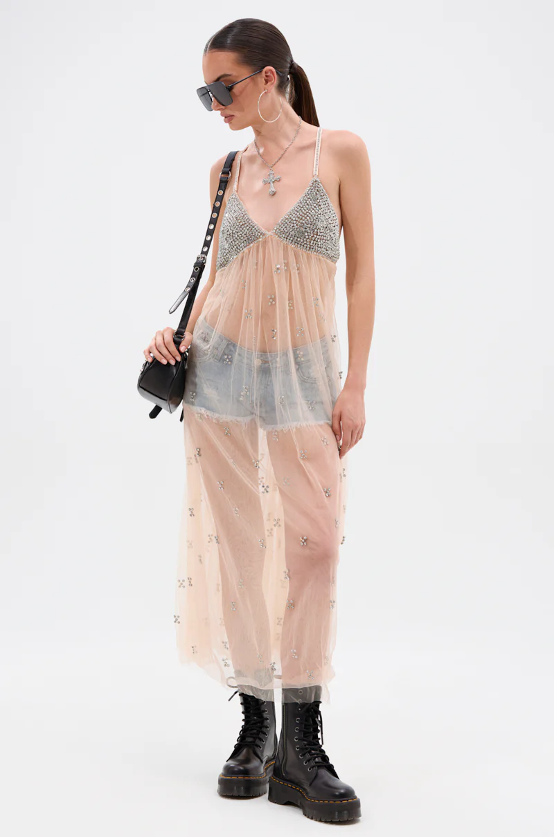 DO YOU BELIEVE IN LOVE RHINESTONE MESH MIDI DRESS