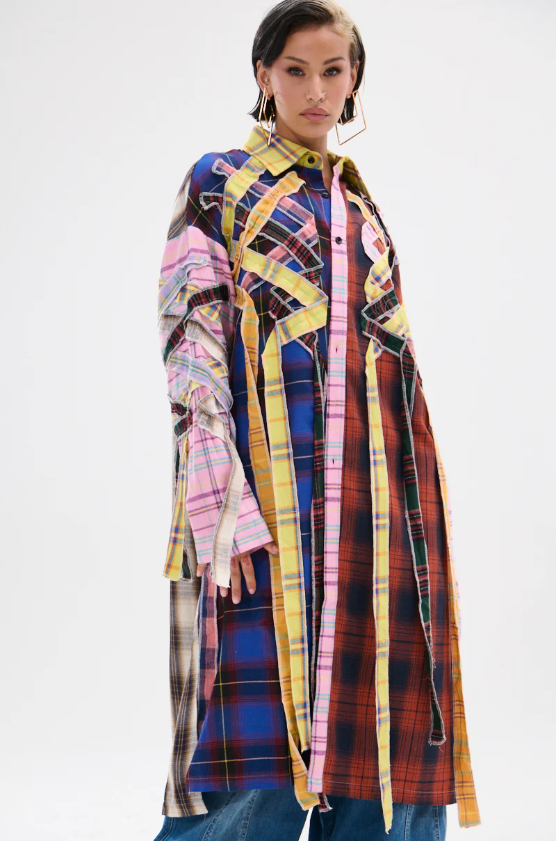 DONT EVEN MIXED PLAID LONG BUTTON DOWN - Image 4
