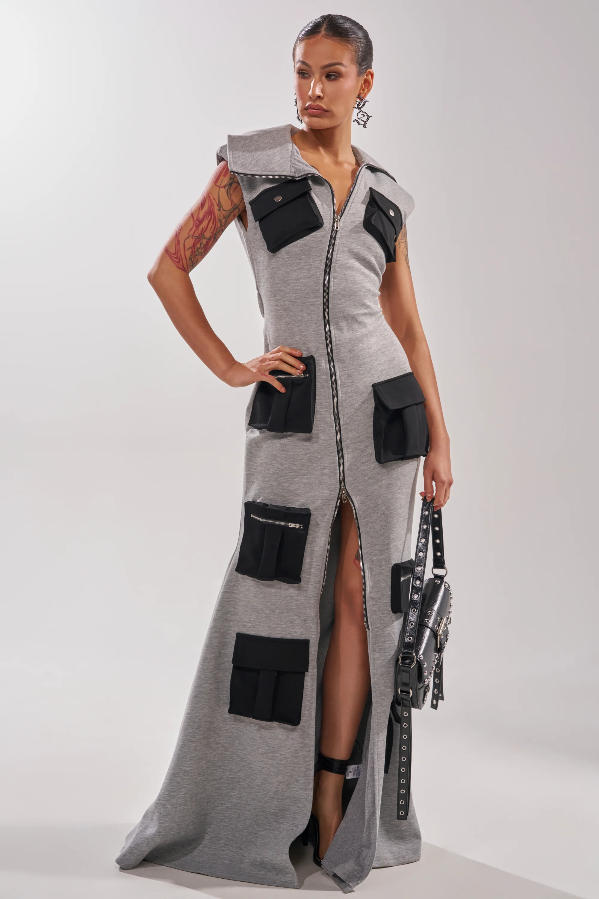 DON'T MESS WITH ME COLLARED MAXI DRESS IN GREY SCUBA - Image 3