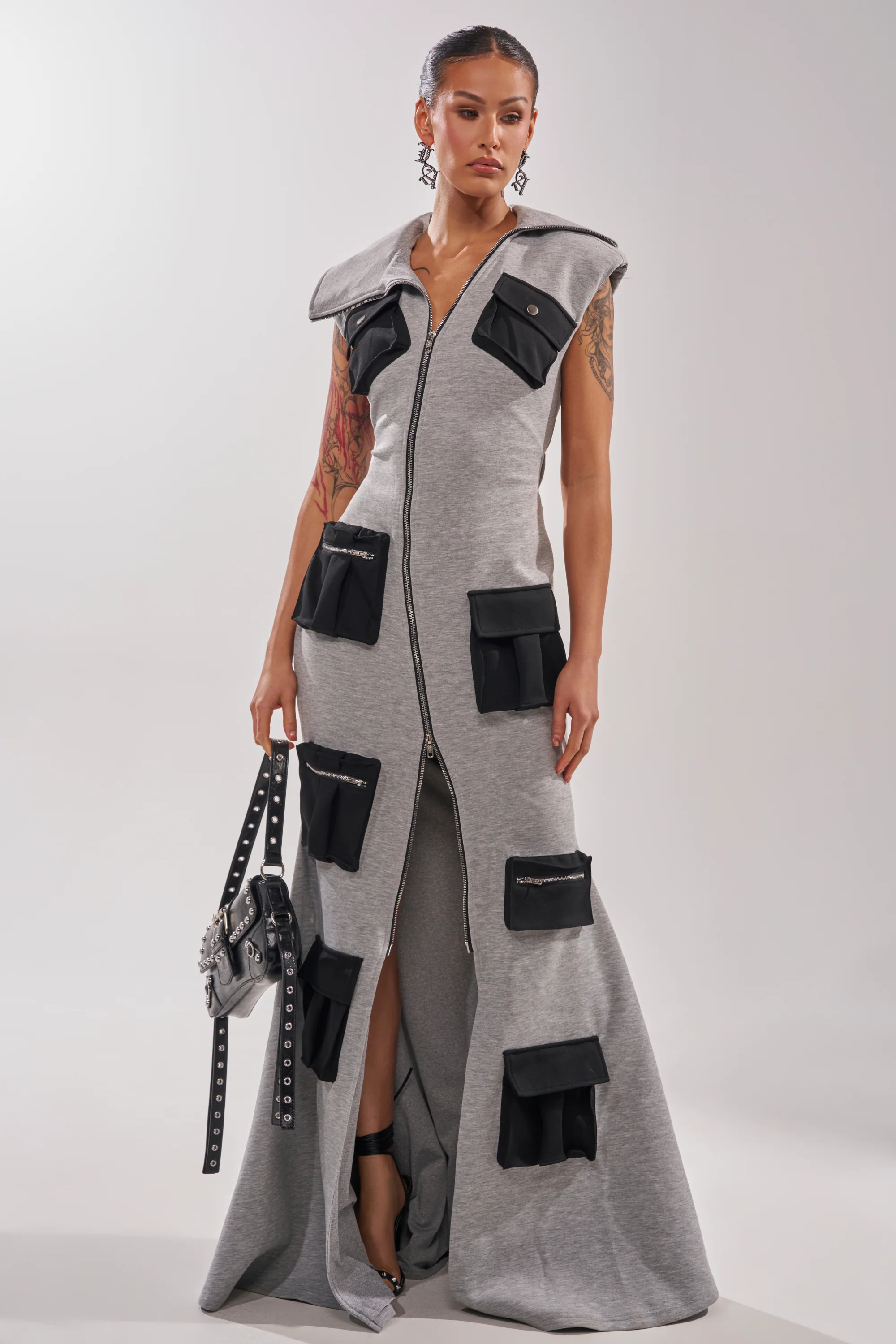 DON'T MESS WITH ME COLLARED MAXI DRESS IN GREY SCUBA - Image 4