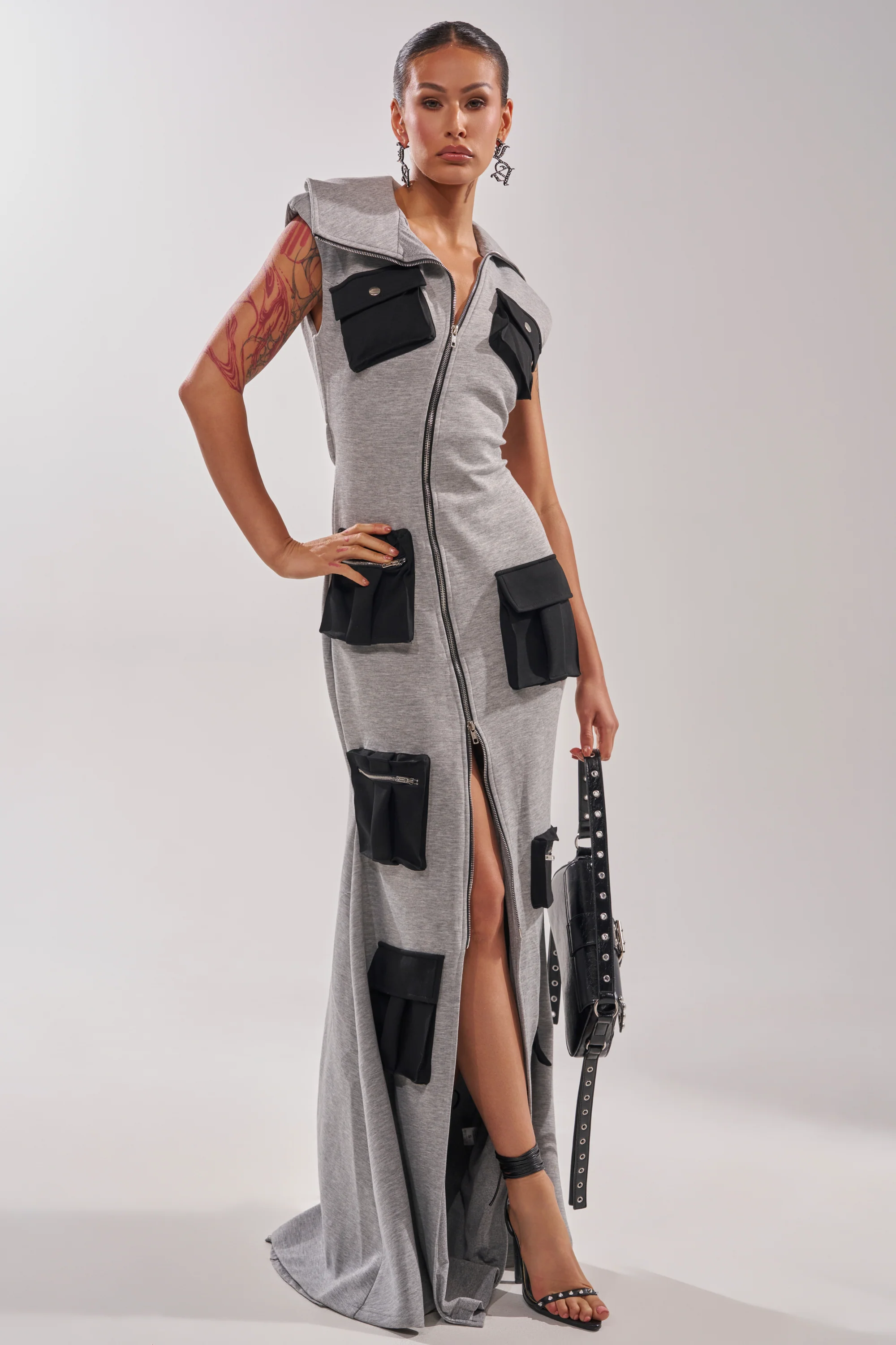 DON'T MESS WITH ME COLLARED MAXI DRESS IN GREY SCUBA - Image 5