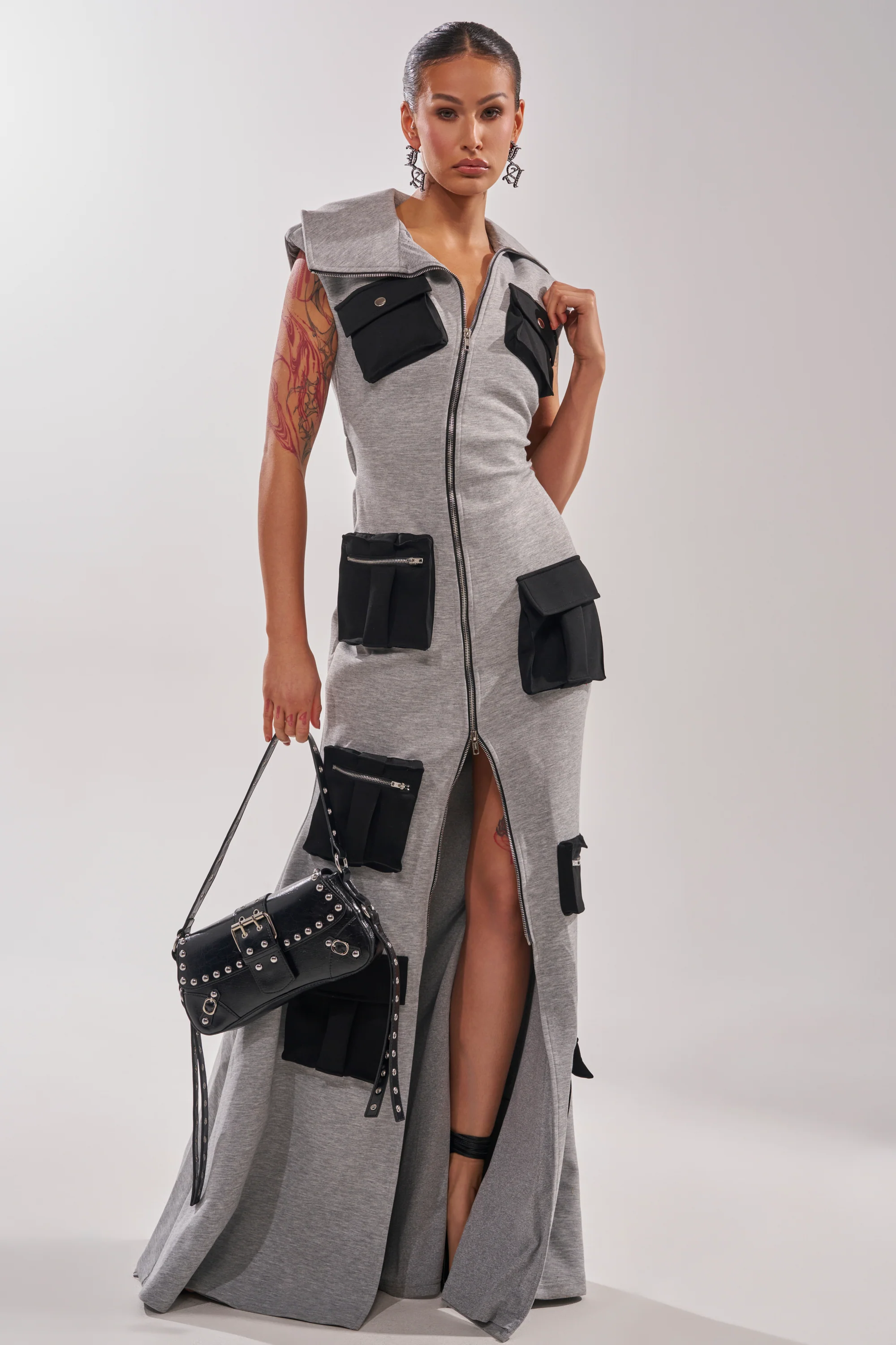 DON'T MESS WITH ME COLLARED MAXI DRESS IN GREY SCUBA - Image 6
