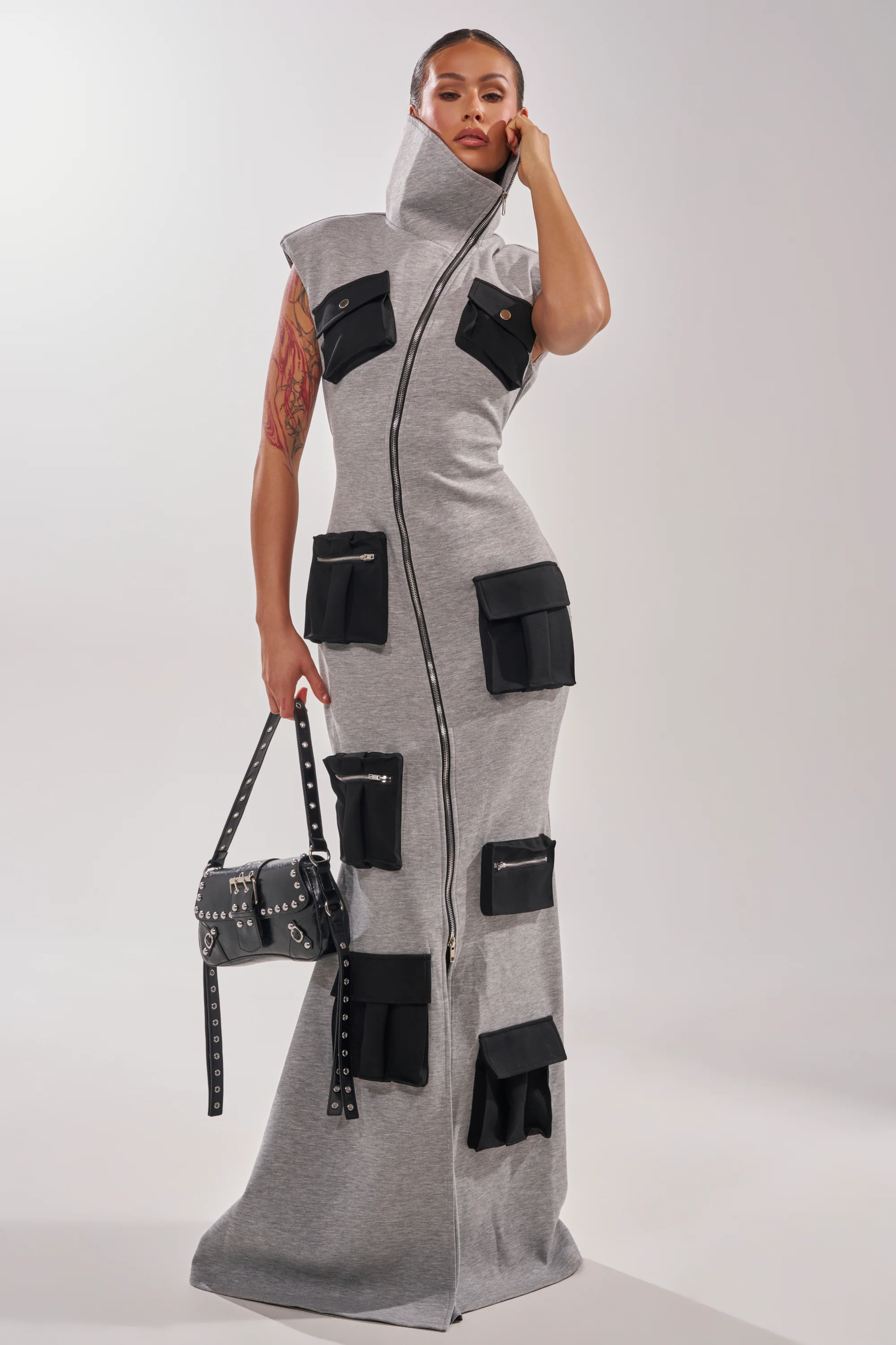 DON'T MESS WITH ME COLLARED MAXI DRESS IN GREY SCUBA - Image 8