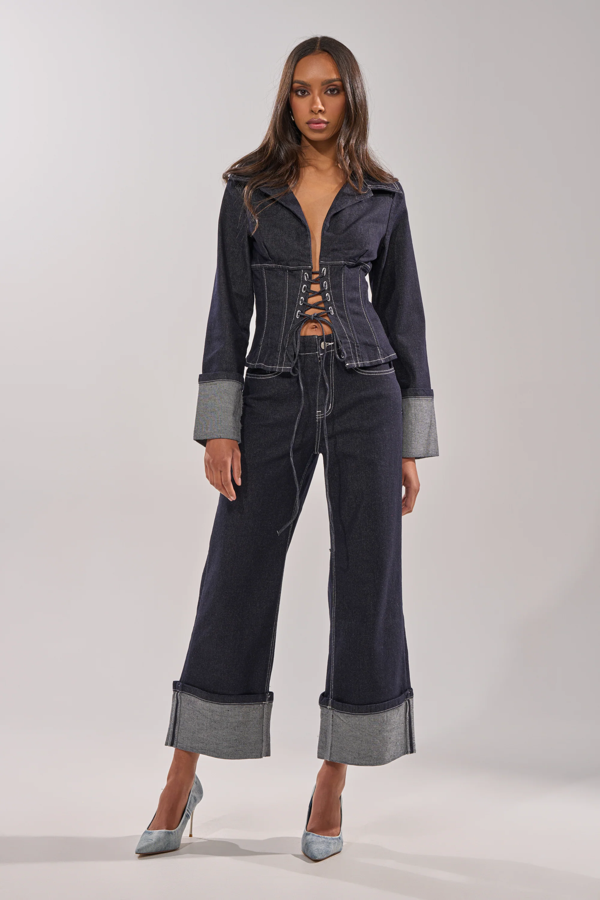 DON'T TALK TO ME LACE UP DENIM BLOUSE - Image 5