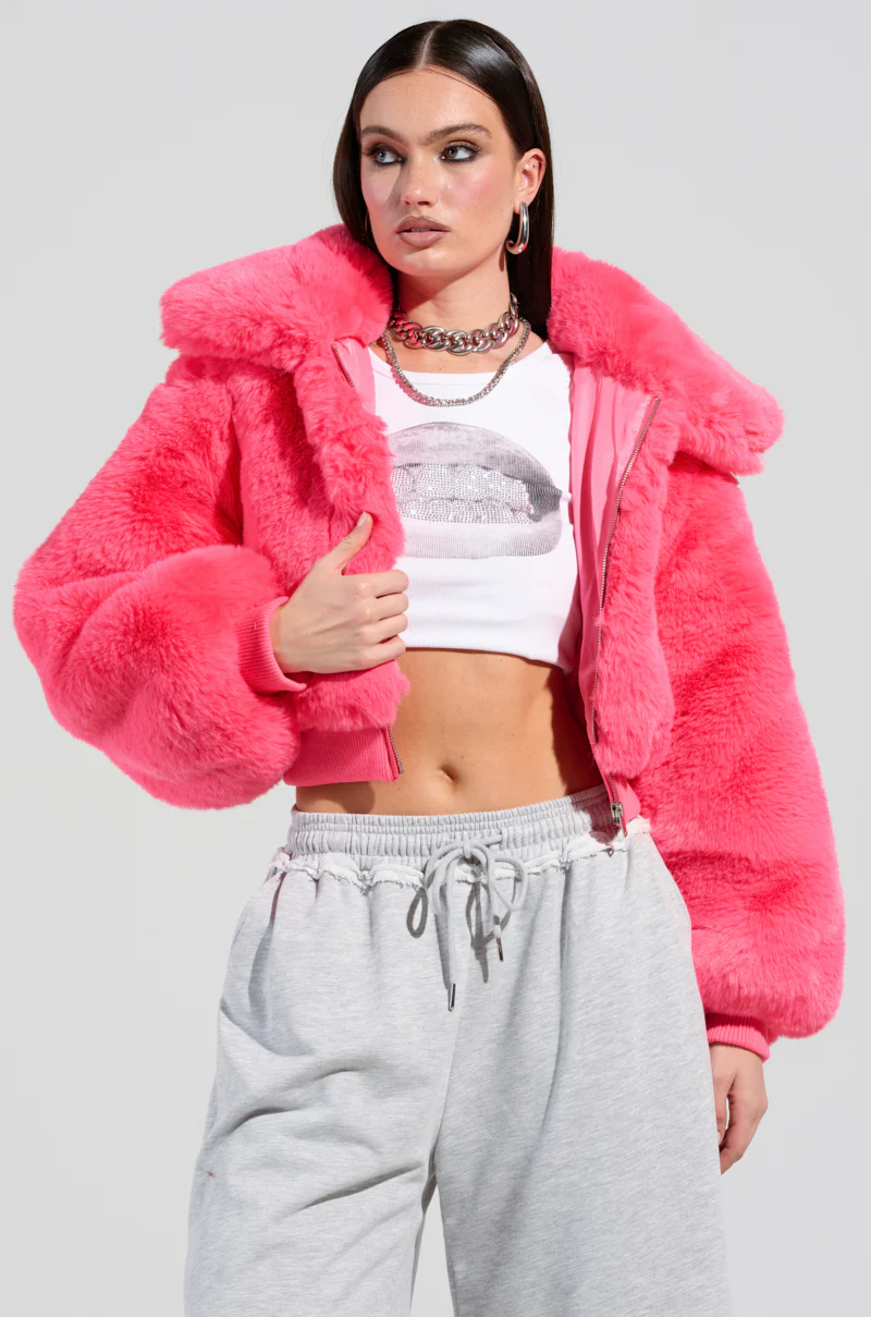 DREW FAUX FUR BOMBER IN HOT PINK - Image 2
