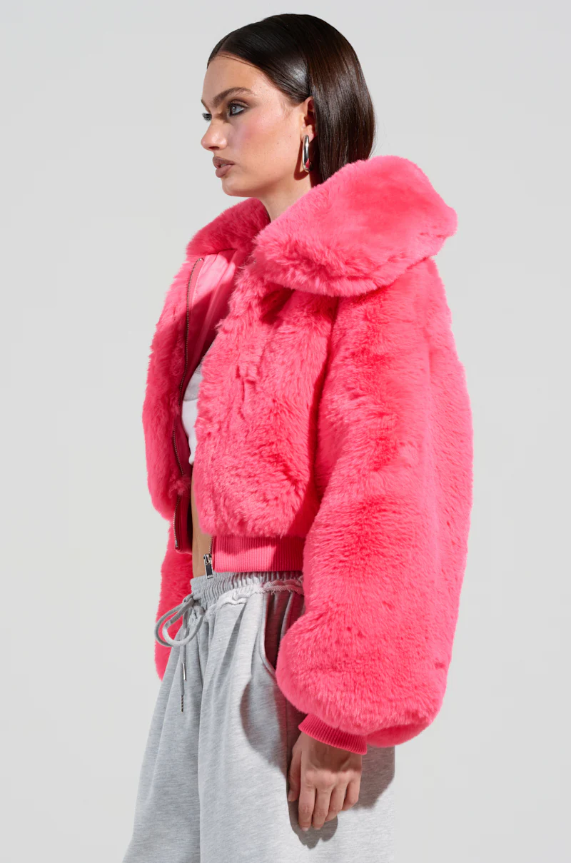 DREW FAUX FUR BOMBER IN HOT PINK - Image 5
