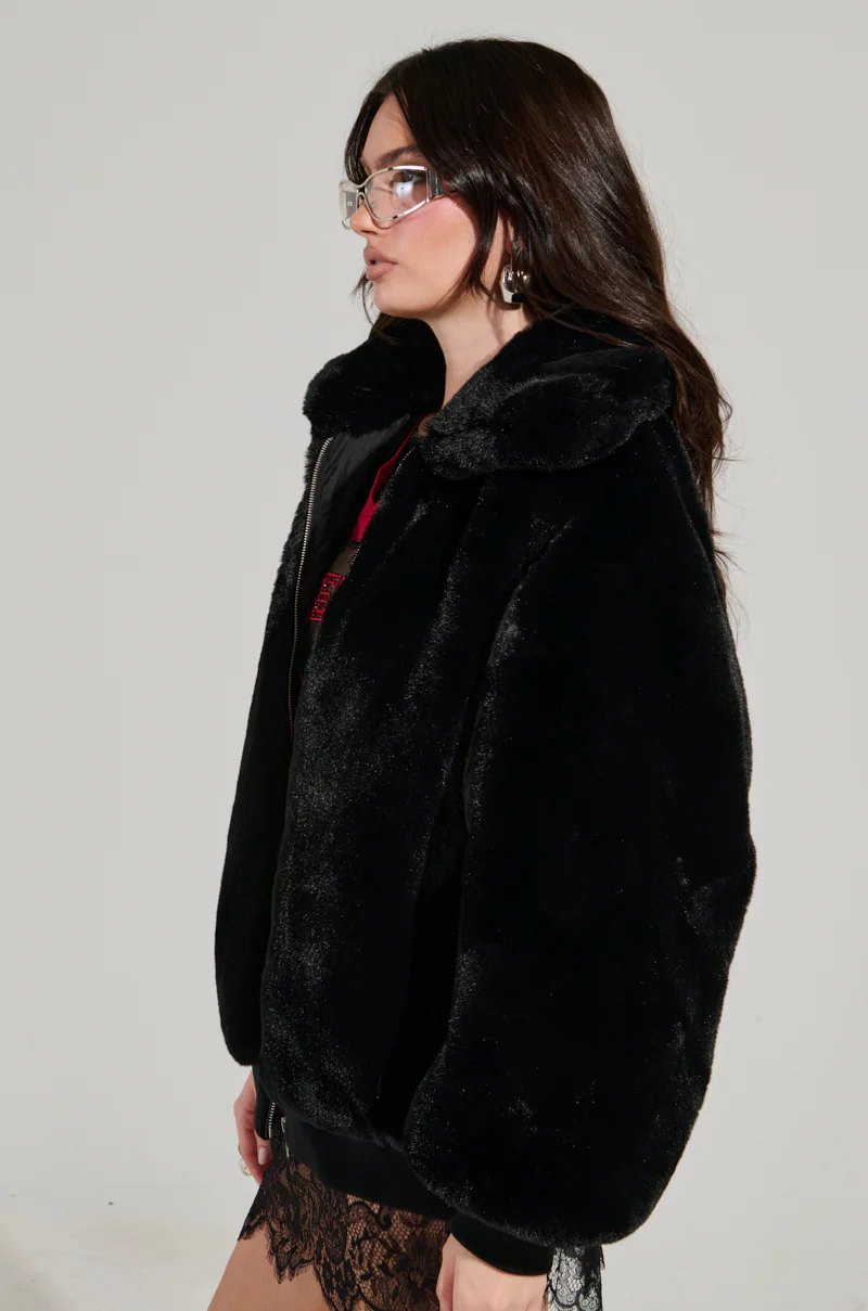 DREW STREET LONG FAUX FUR ZIP UP JACKET IN BLACK - Image 4