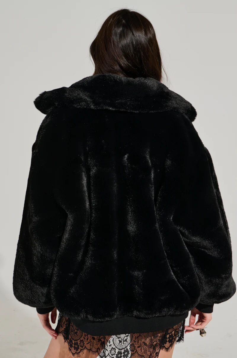 DREW STREET LONG FAUX FUR ZIP UP JACKET IN BLACK - Image 5