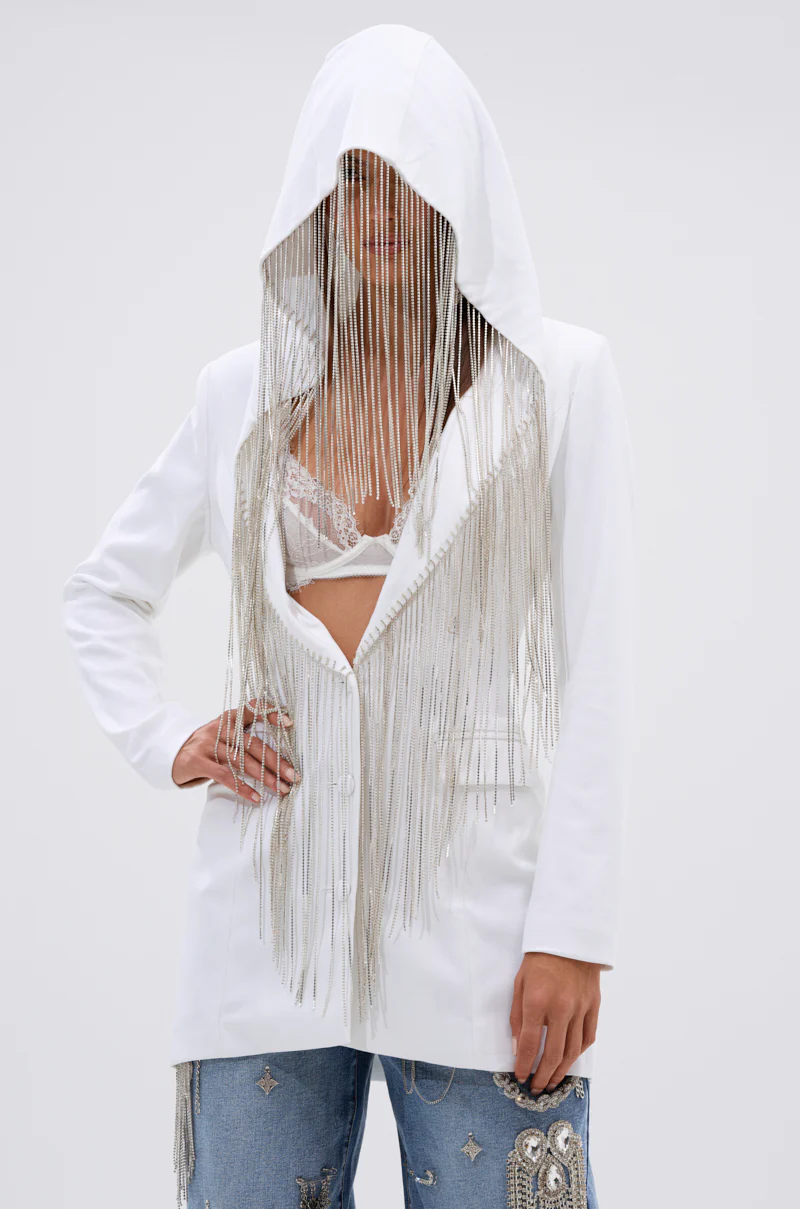 DRIPPY RHINESTONE FRINGE BLAZER IN WHITE - Image 2