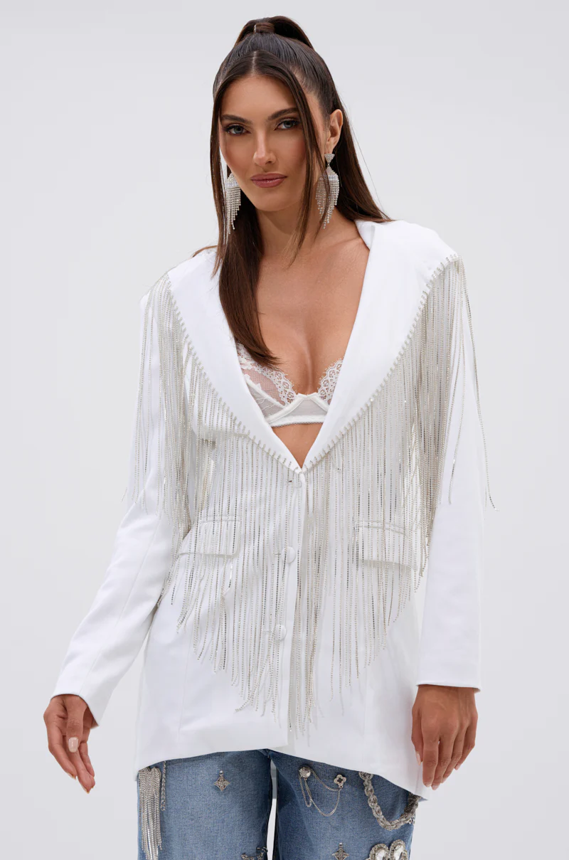 DRIPPY RHINESTONE FRINGE BLAZER IN WHITE - Image 3