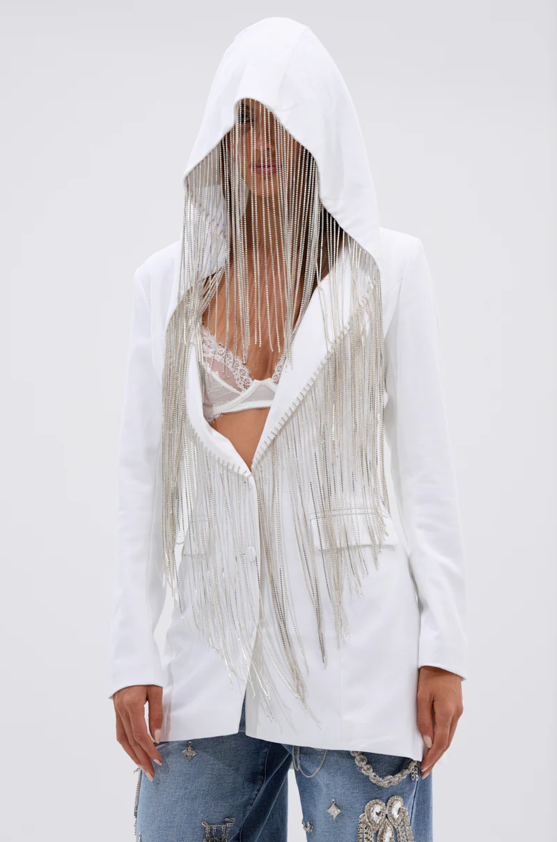 DRIPPY RHINESTONE FRINGE BLAZER IN WHITE - Image 4