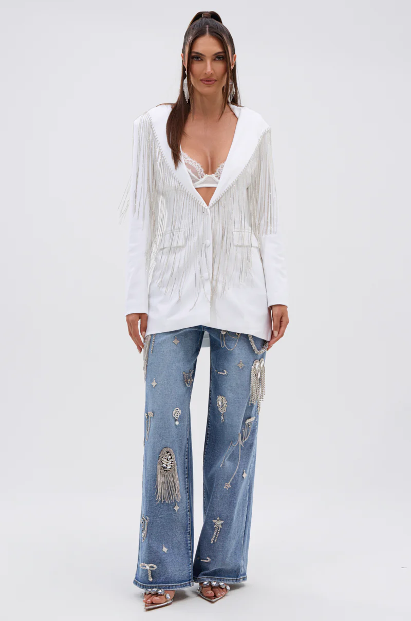 DRIPPY RHINESTONE FRINGE BLAZER IN WHITE - Image 7