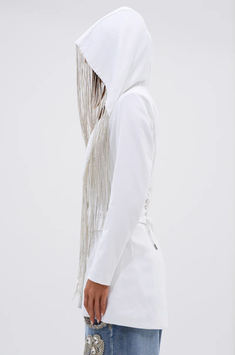 DRIPPY RHINESTONE FRINGE BLAZER IN WHITE - Image 9