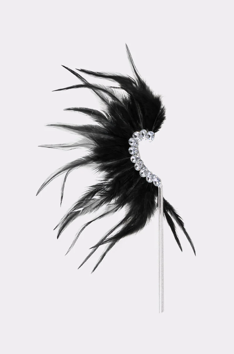GLAM BIRD BLACK FEATHER EAR CUFF IN BLACK SILVER - Image 4