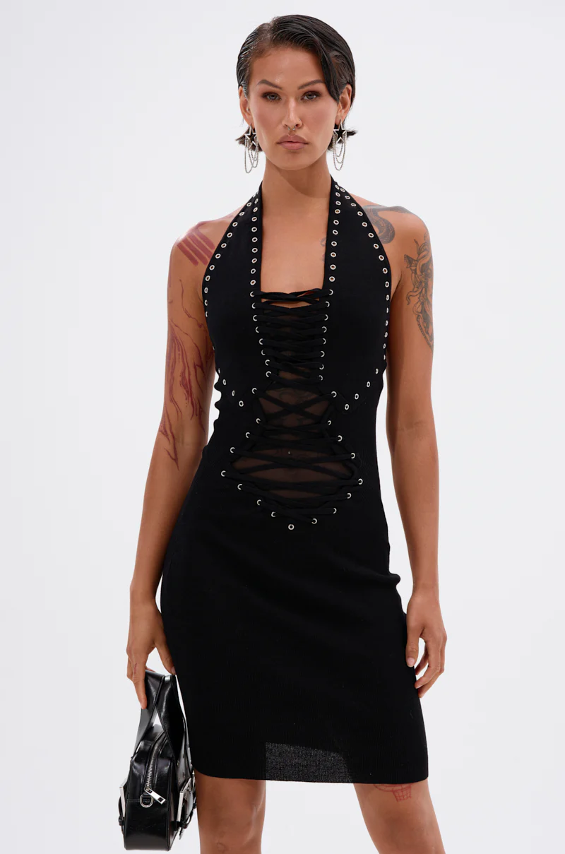 EDGY AND COOL LACE UP KNIT MINI DRESS - Image 2